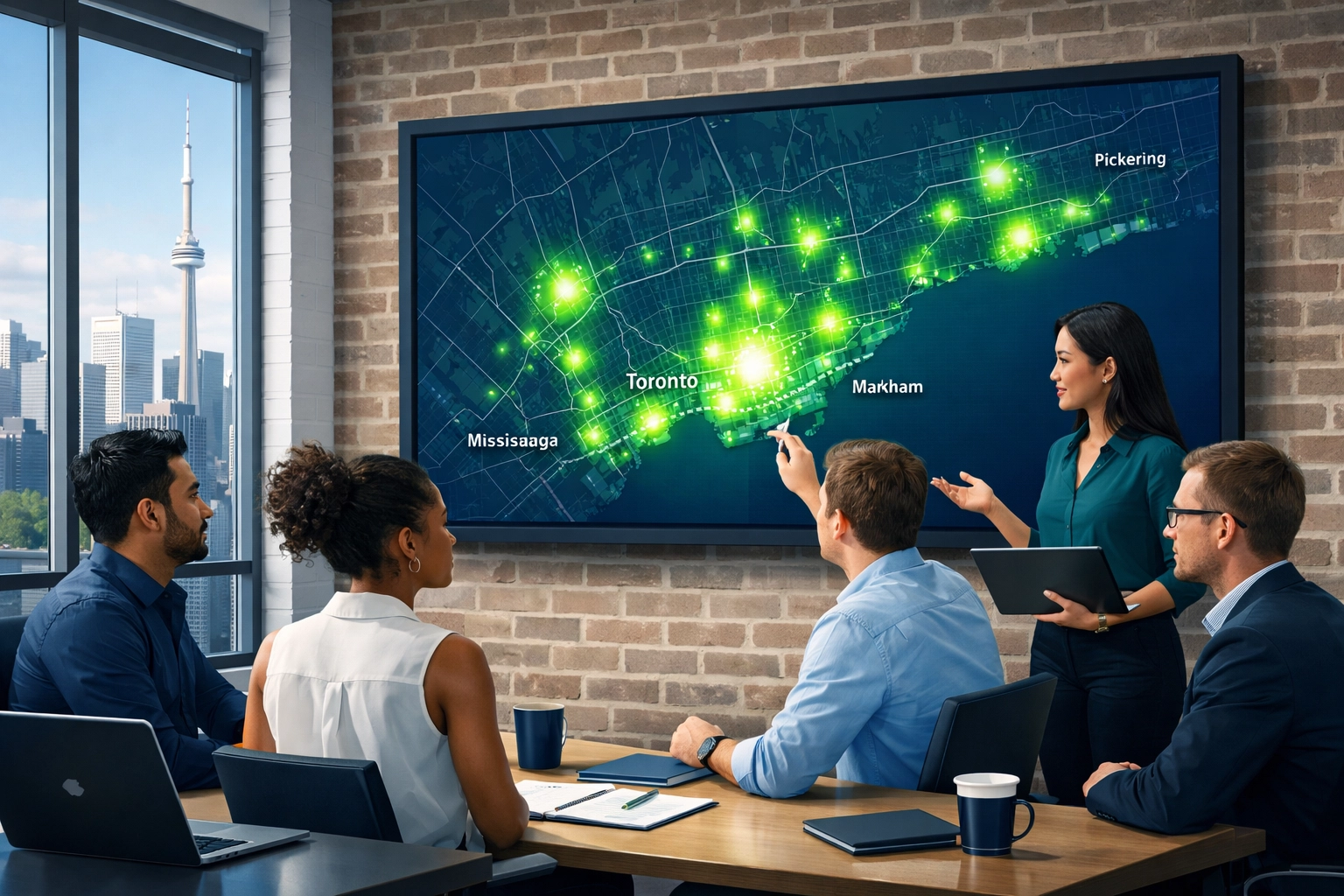 A Toronto marketing team analyzing a GTA search dominance heat map to improve business ROI and local rankings.