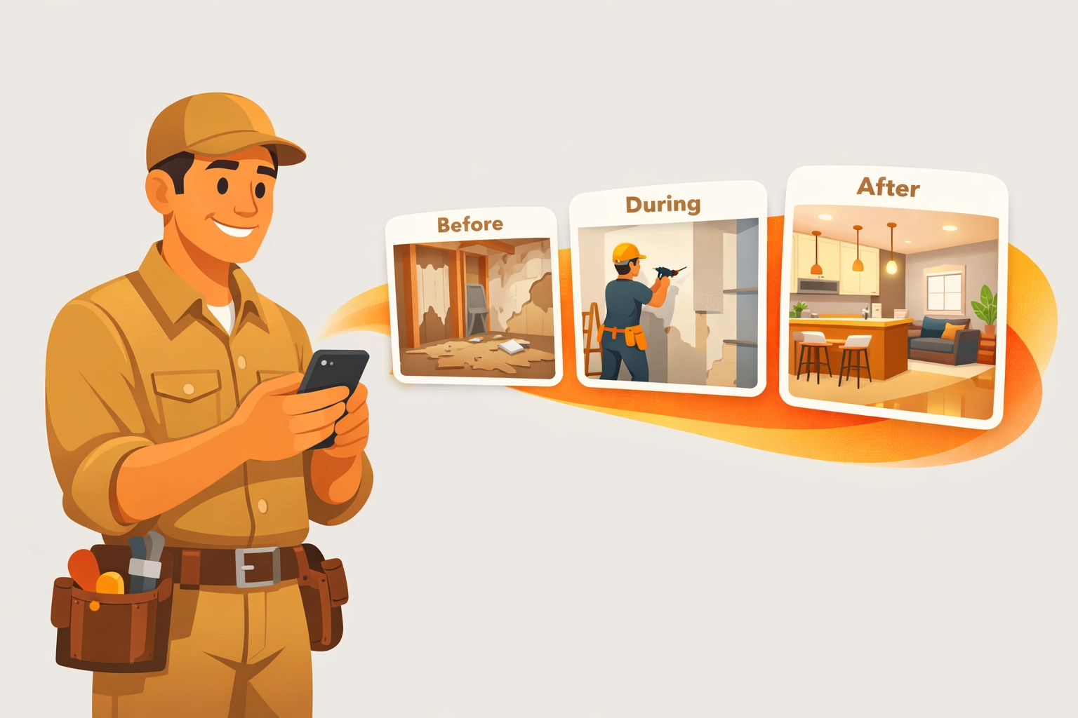 Contractor showing a professional job timeline with a before and after photo app.