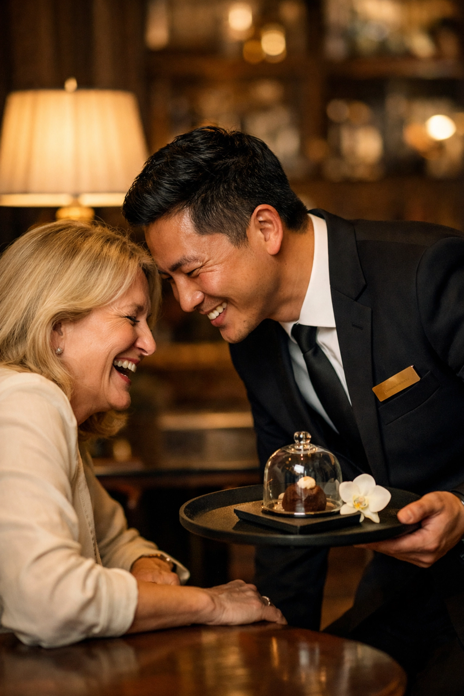 Hospitality professional engaging with a guest to create a personalized, memorable experience in an upscale lounge.