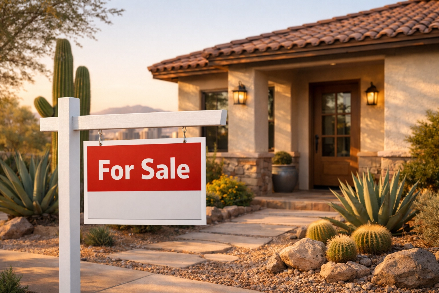 Phoenix home for sale sign in front of a desert-landscaped home with warm sunlight. Phoenix home for sale sign in front of a desert-landscaped home with warm sunlight.