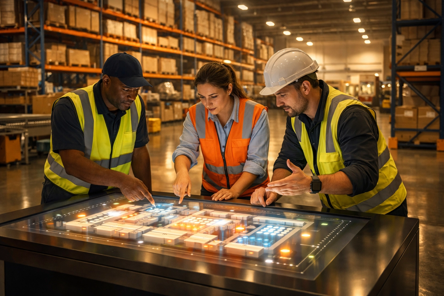 Collaborative warehouse staffing team in Indianapolis using digital inventory management tools.