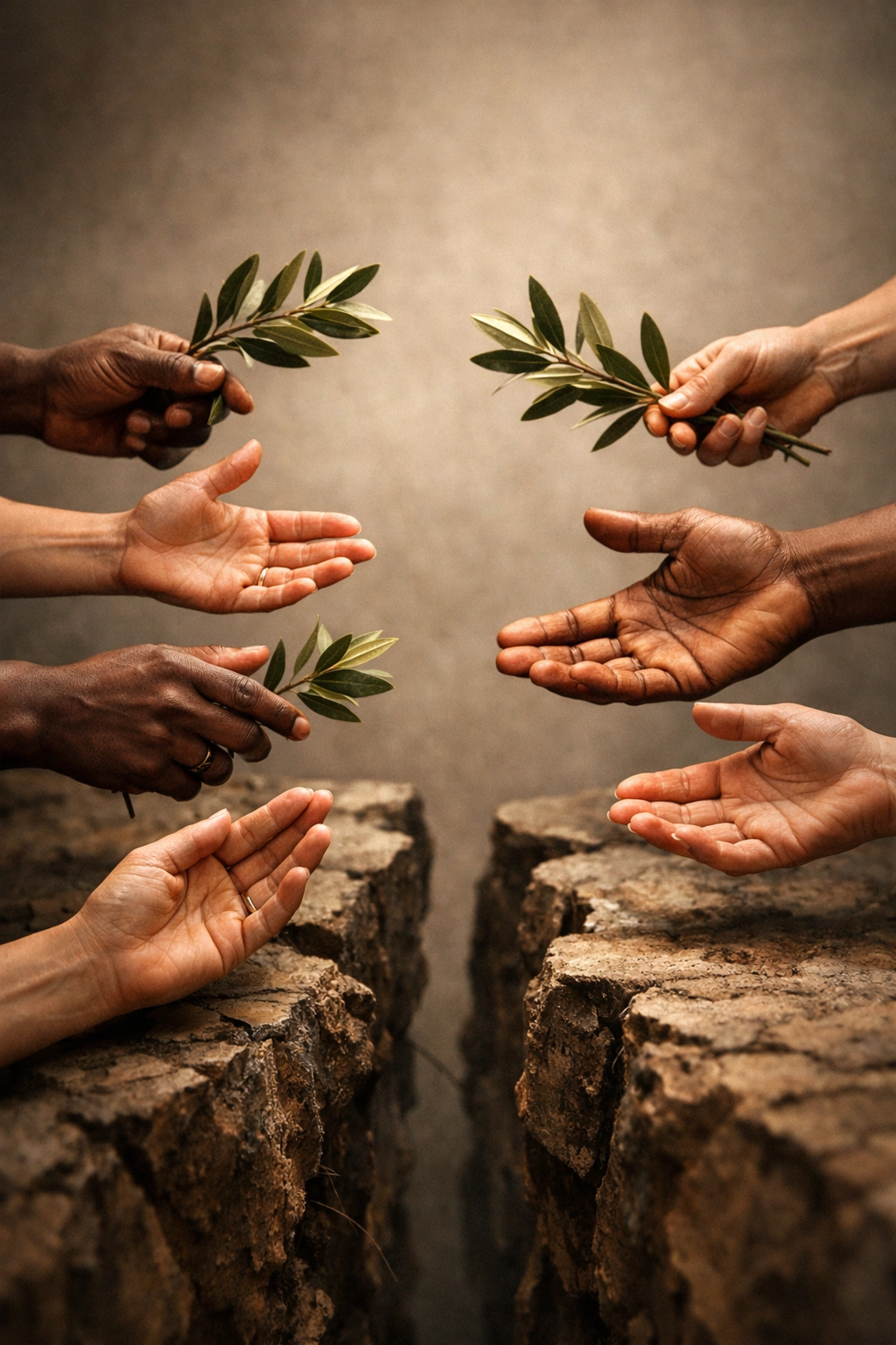 Diverse hands reaching across divide holding olive branches in gesture of peace