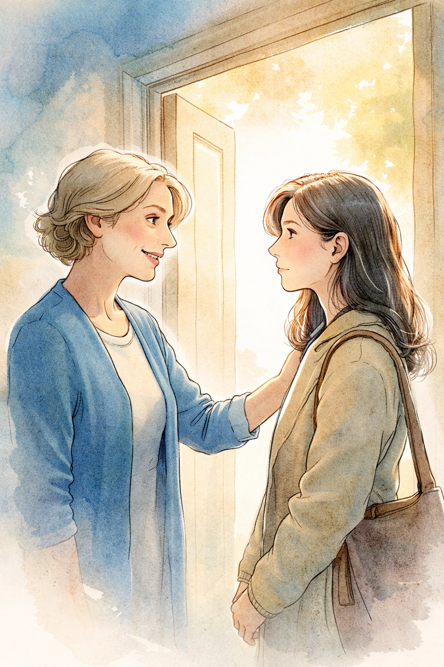 Church greeter making meaningful eye contact with a nervous visitor at a sunlit entrance, emphasizing genuine connection.