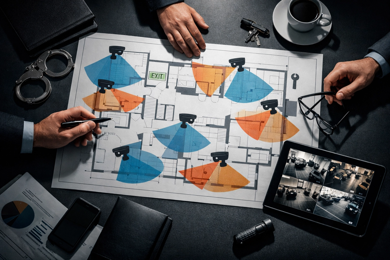 Business security planning meeting with building blueprints and camera coverage zones mapped out