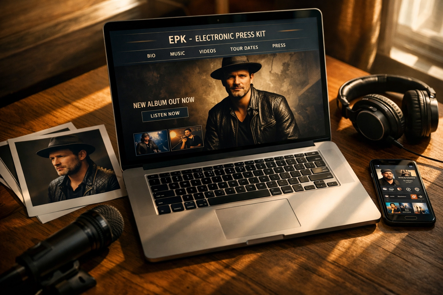 Electronic press kit setup with laptop, press photos, and music materials for radio submission