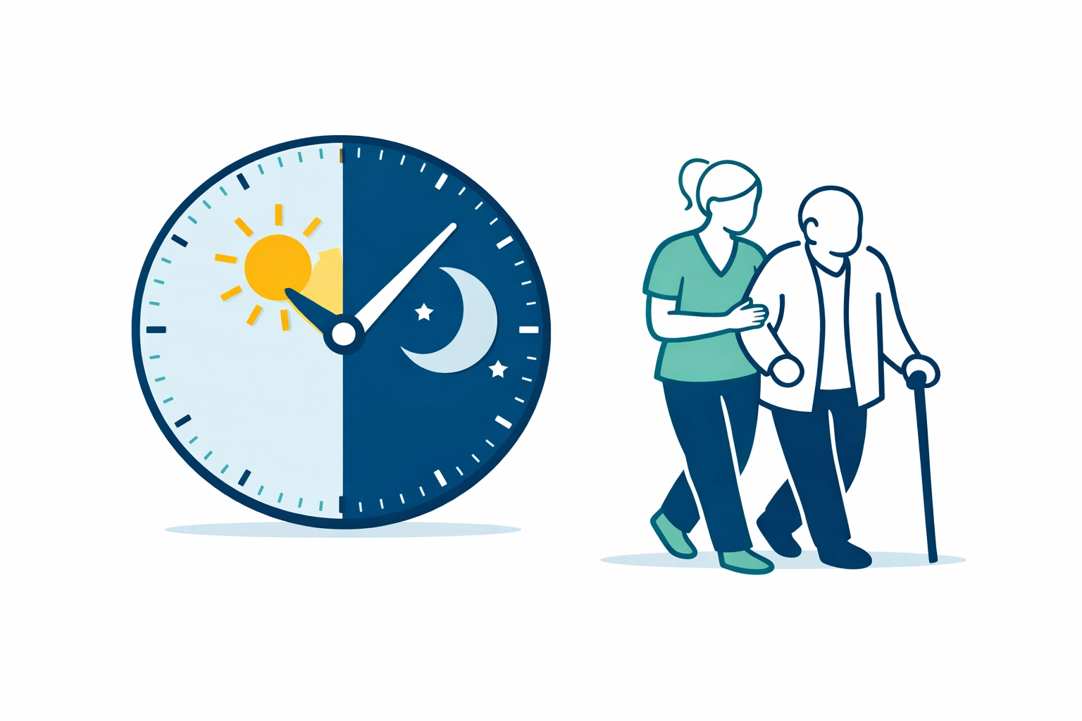 Caregiver and senior walking near a sun and moon clock, symbolizing 24/7 companion care services in San Antonio.