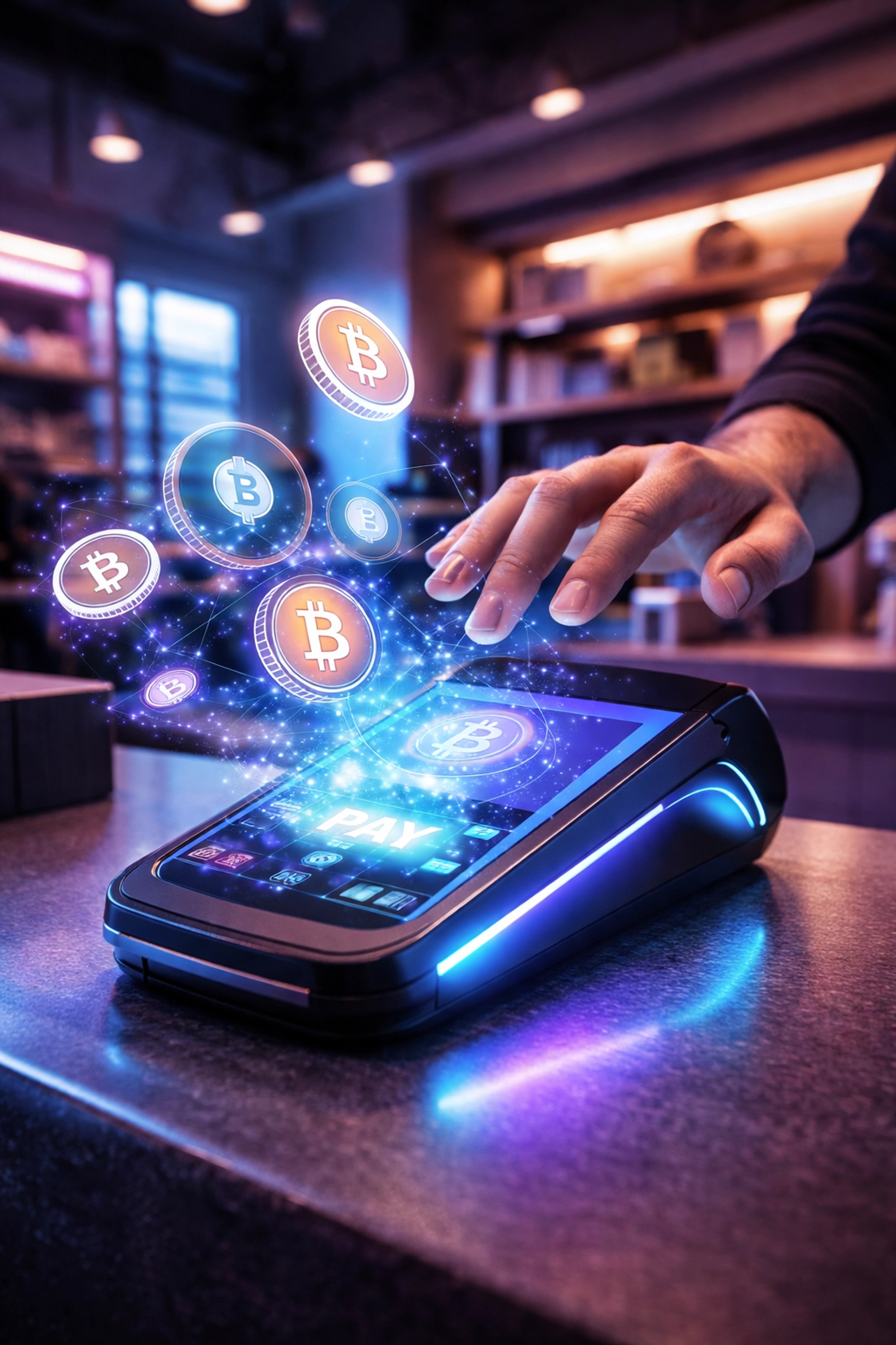 A small business merchant uses a holographic crypto POS terminal for instant blockchain payments and lower fees.