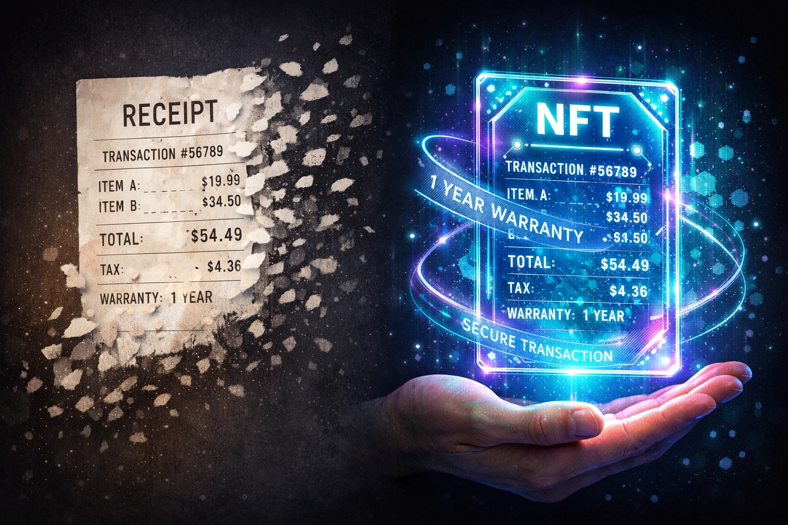 Paper receipt transforming into NFT digital receipt for blockchain payment compliance and warranty