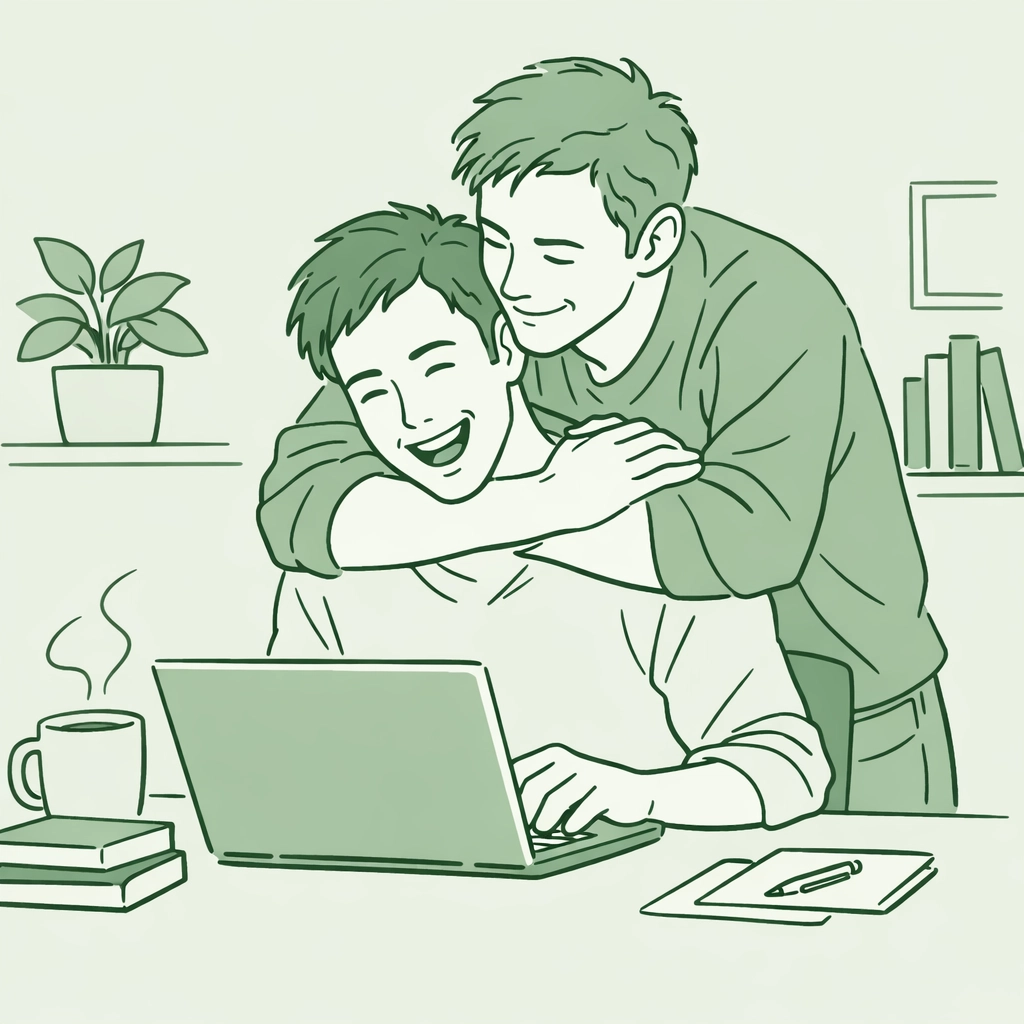 A male couple in a home office celebrating the financial benefits of publishing MM romance novels.
