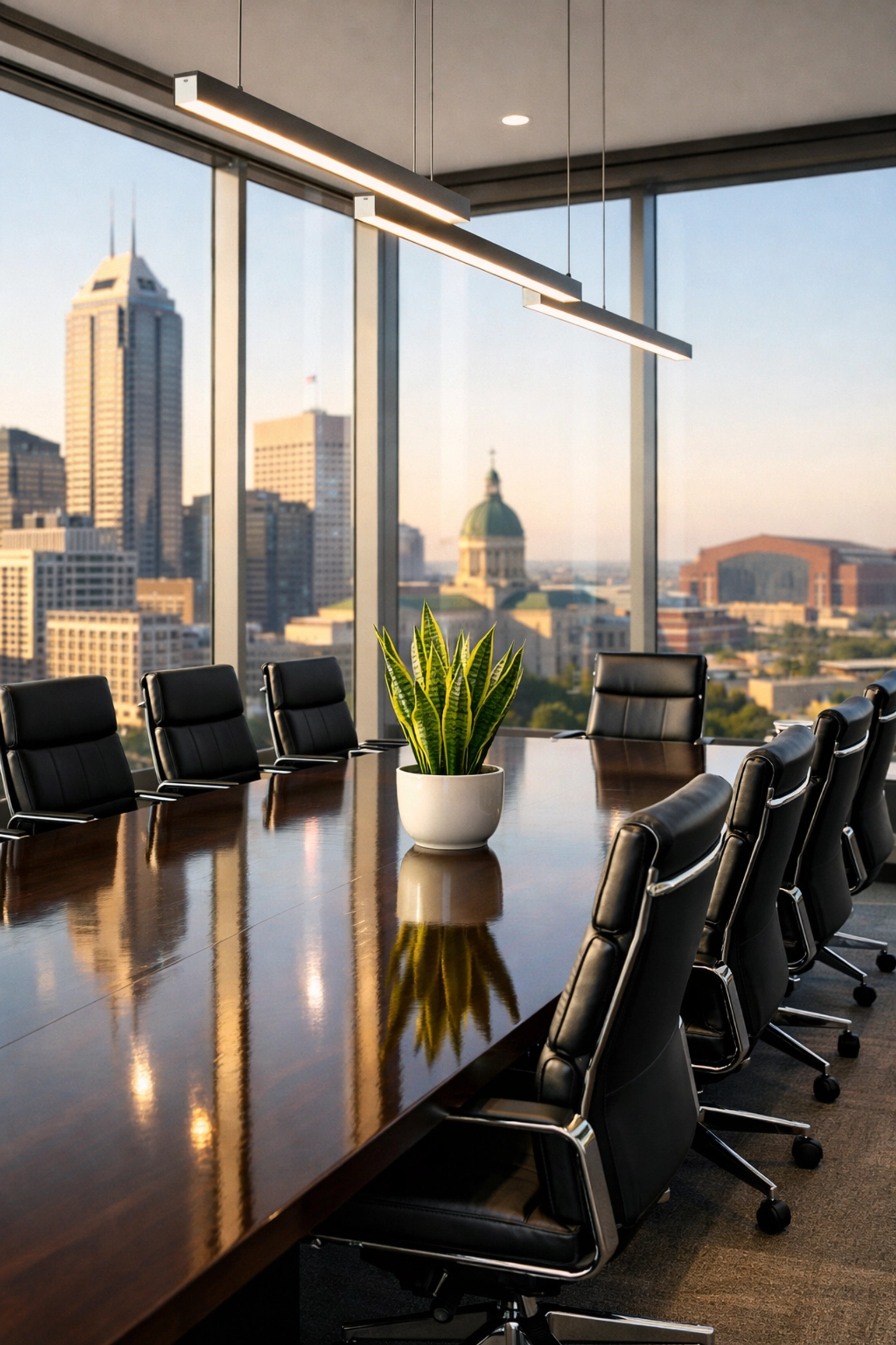 Clean modern corporate boardroom in Indianapolis showing professional results of recurring office cleaning services.