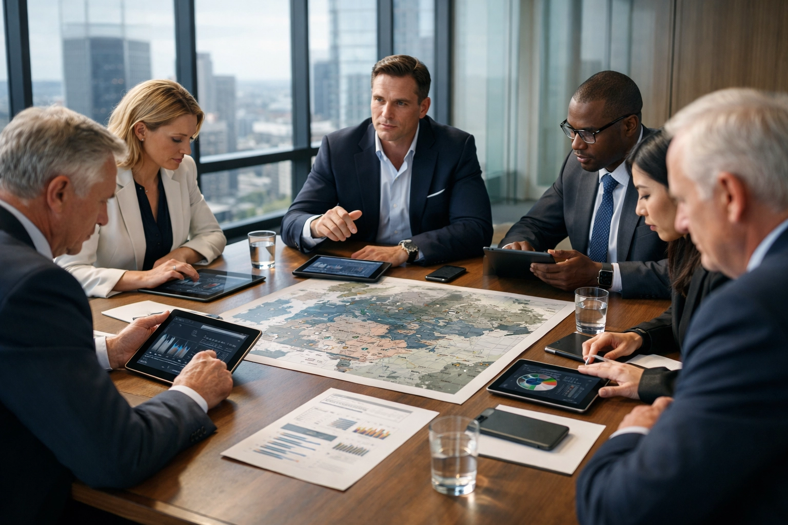 Corporate executives conducting a strategic planning session for Super Bowl travel and brand visibility management.