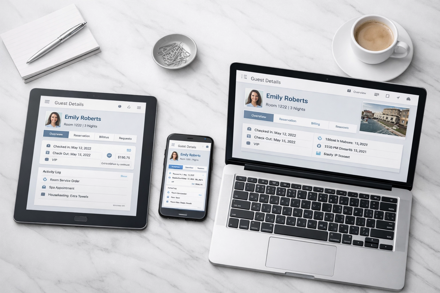 Multiple devices showing synchronized hotel PMS and CRM guest data integration