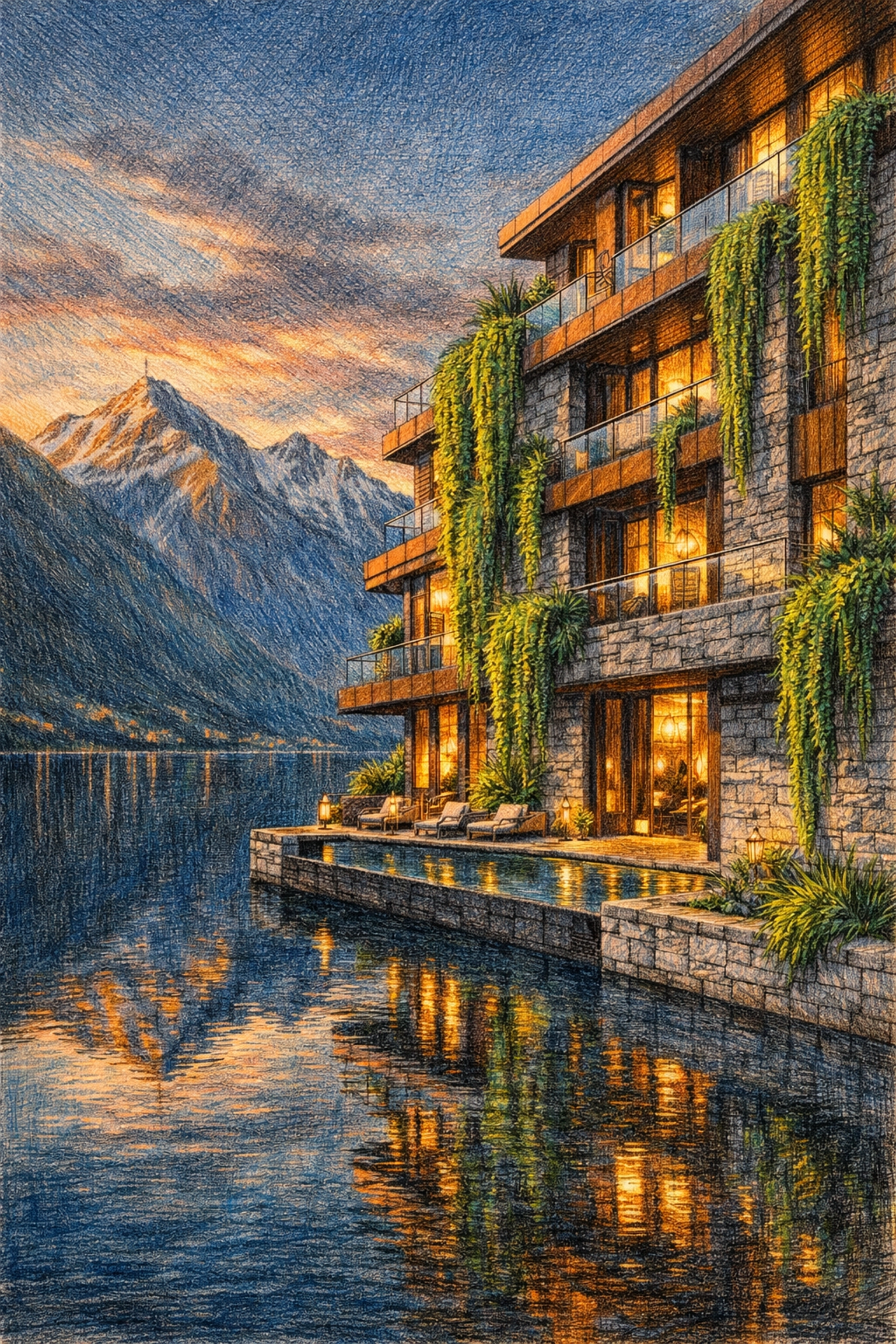 Exterior of a modern luxury lakeside hotel with stone architecture and vertical green gardens.
