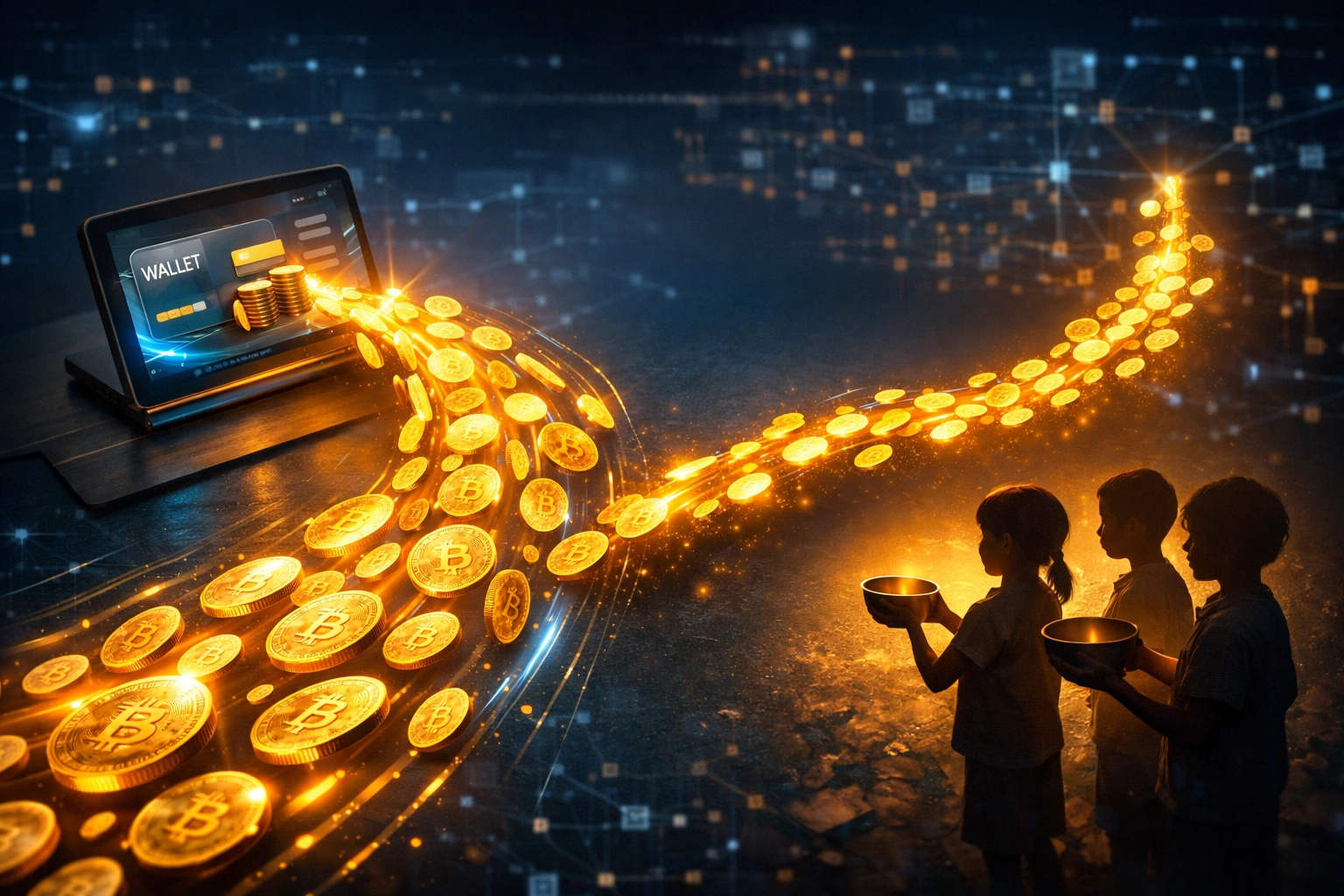 Crypto payment splitting automatically between merchant wallet and charitable donations for feeding children