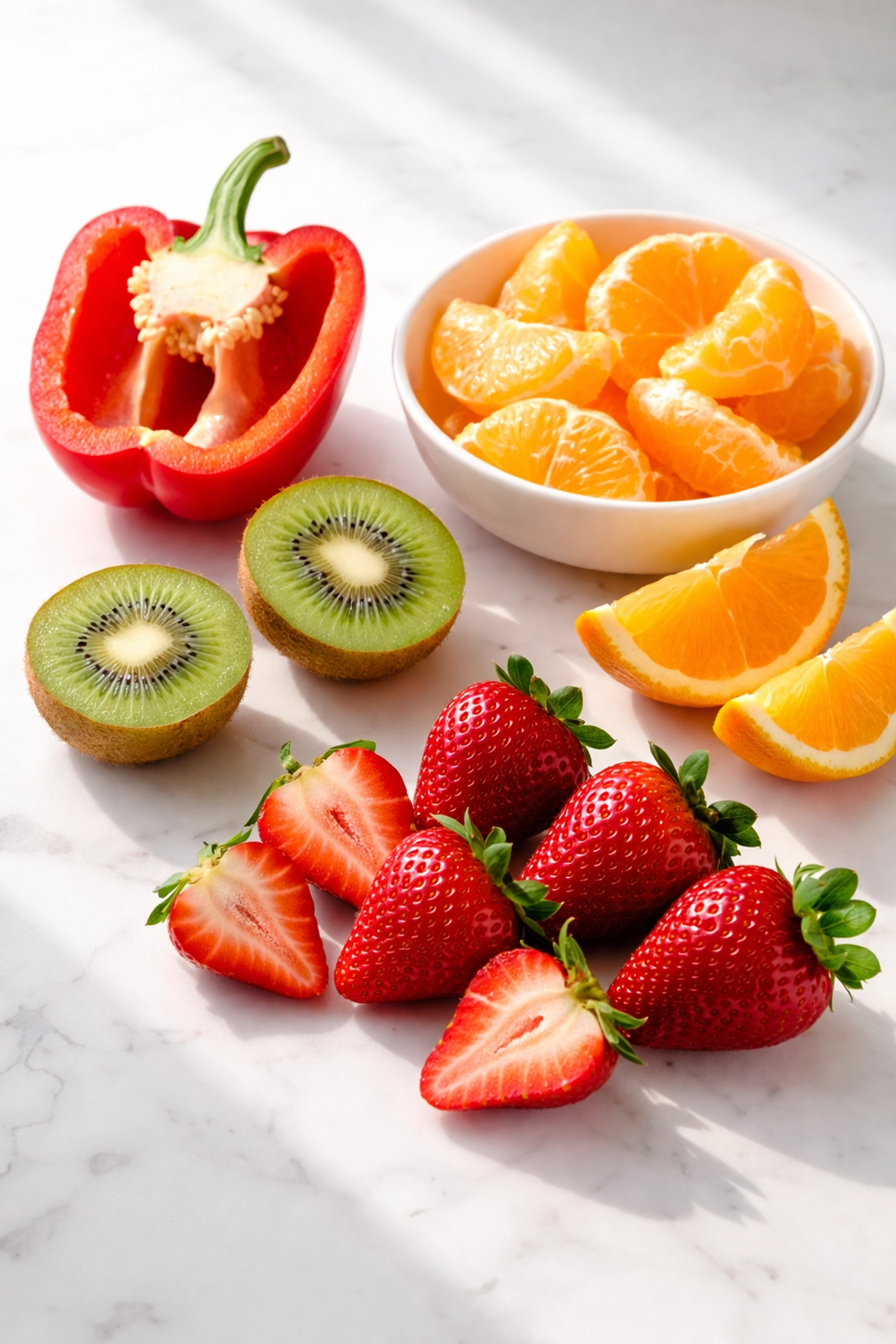 Vitamin C-rich foods like red bell pepper, kiwi, oranges, and strawberries to aid workout recovery