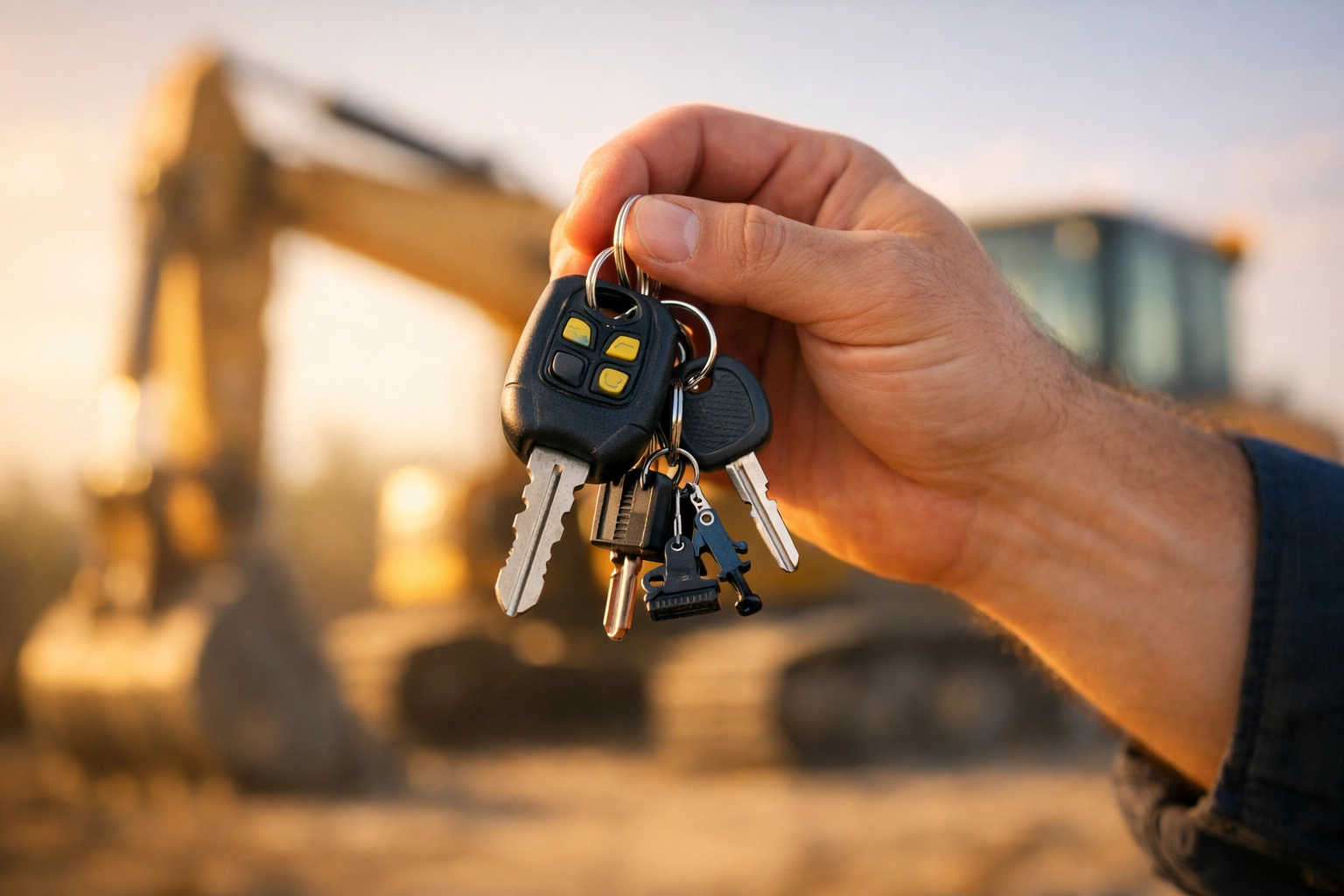 Close-up of a hand holding heavy machinery keys representing fast construction equipment loan approval.