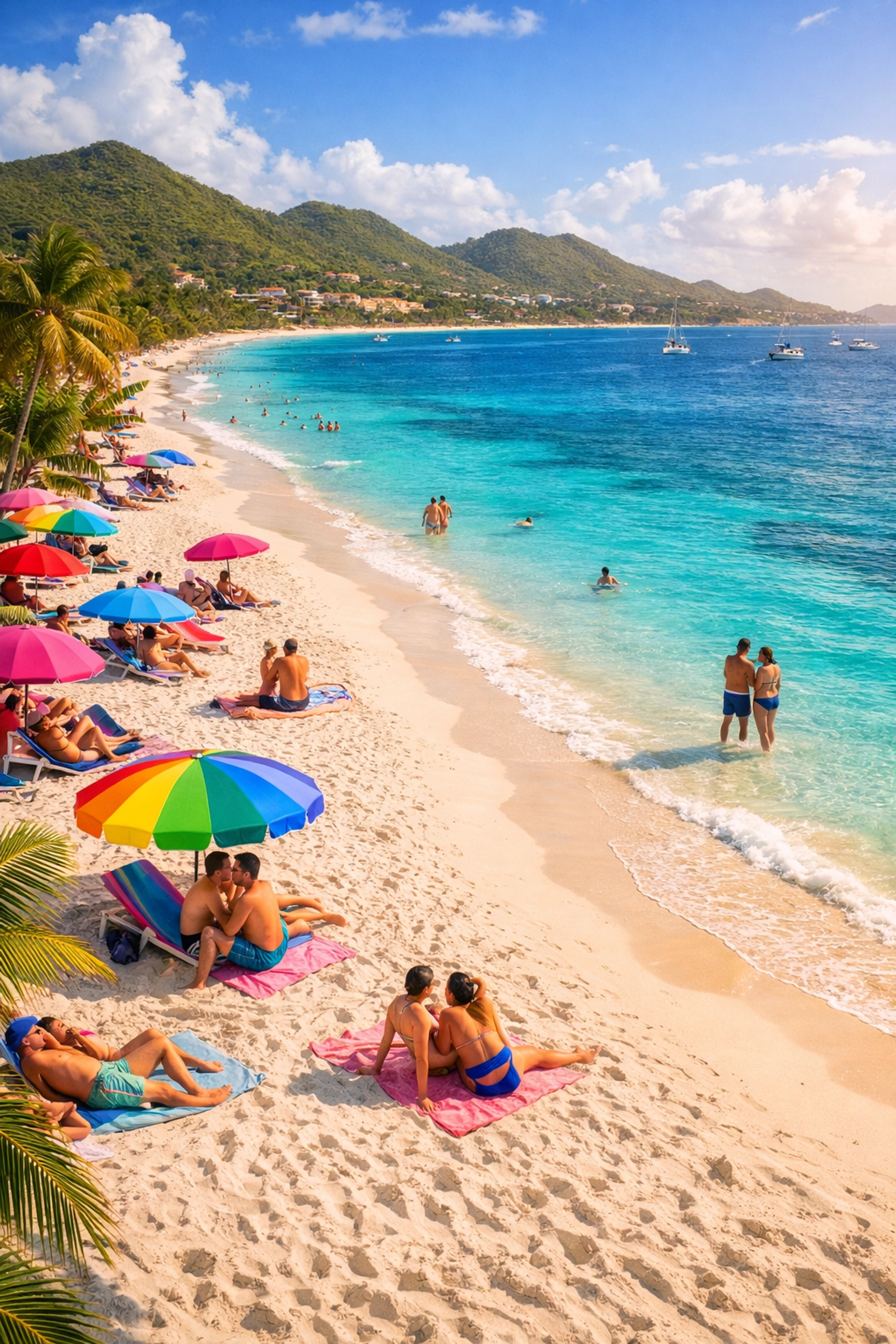 Aerial view of Orient Bay clothing-optional beach in Saint Martin with turquoise Caribbean waters