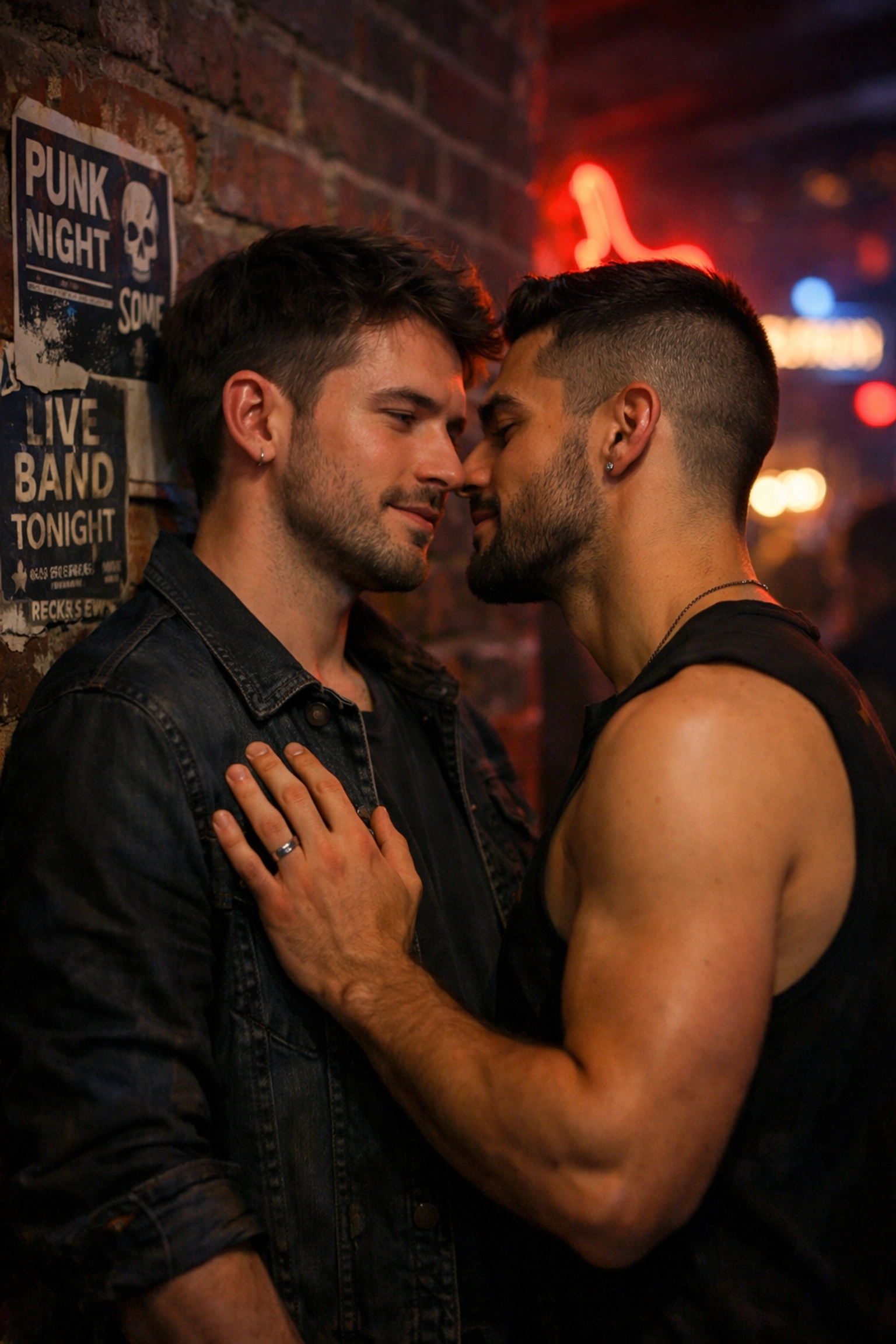 Gay couple embracing at an indie music venue celebrating LGBTQ+ representation in alternative music