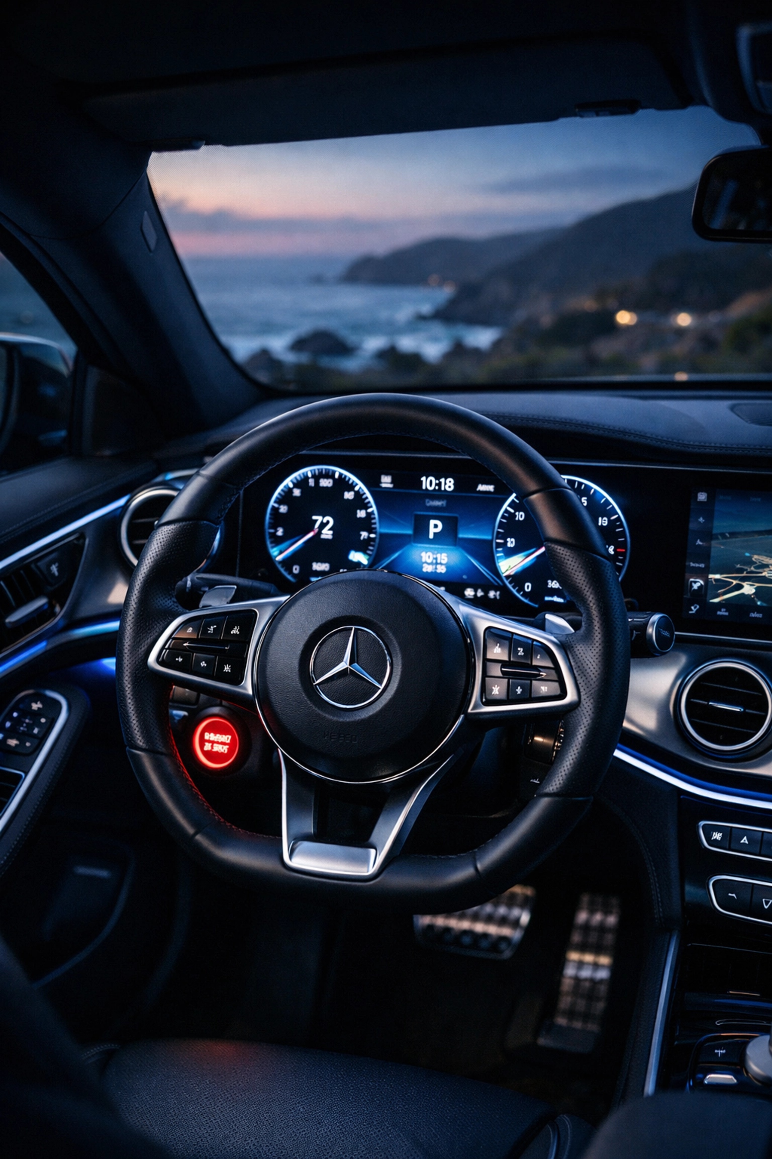 Modern Mercedes-Benz dashboard showing the digital instrument cluster during a scheduled maintenance check.