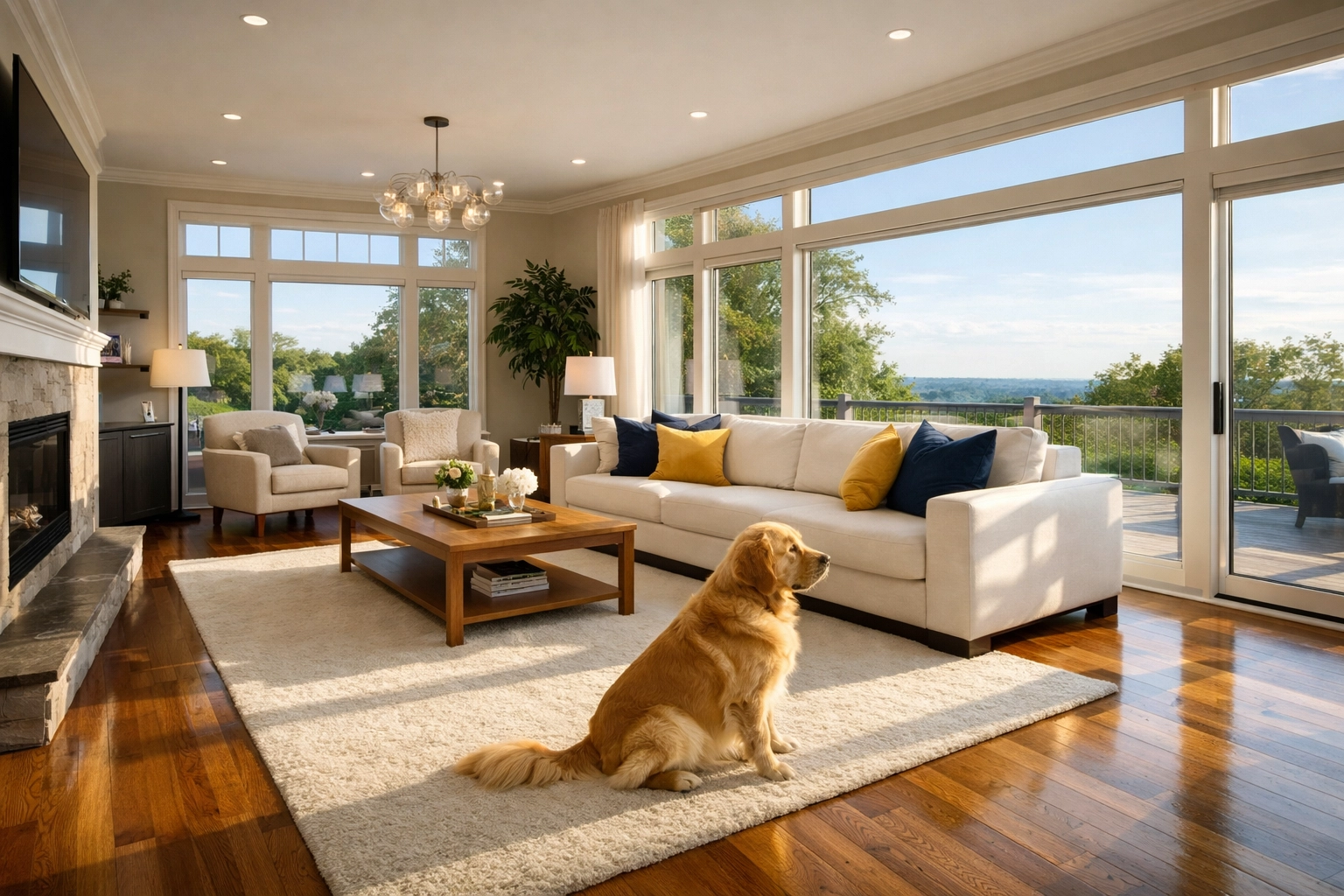 Pristine living room after professional house cleaning Shirley MA, featuring polished floors and allergen-free surfaces.