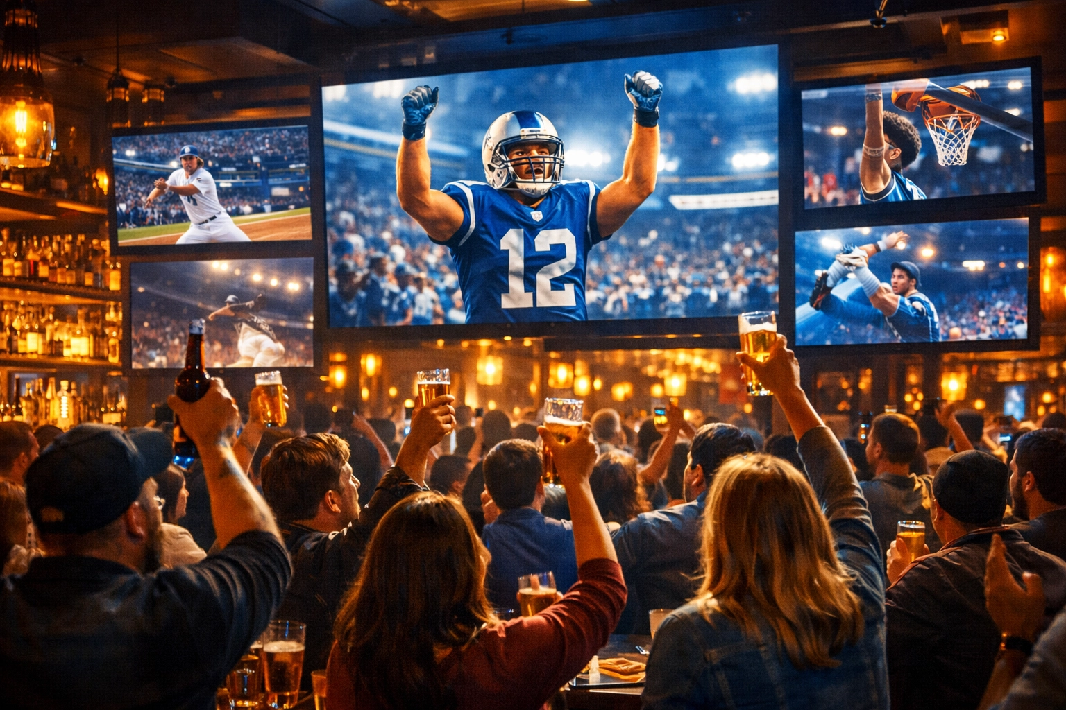 Sports bar with DOOH screens showing game highlights as fans celebrate and watch together