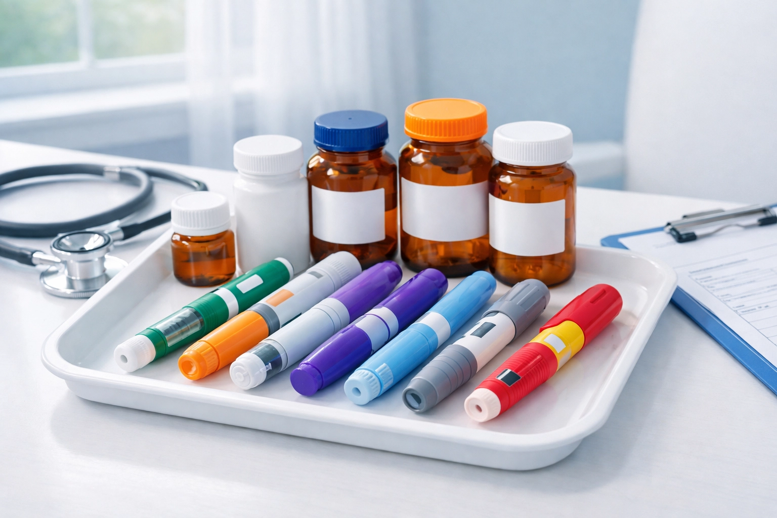 Various Wegovy alternatives including injectable pens and pills on medical tray