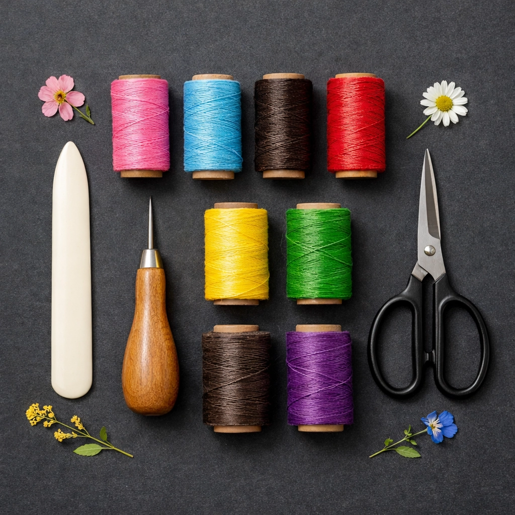 Professional bookbinding tools and colorful thread in Pride colors for creating custom journals.