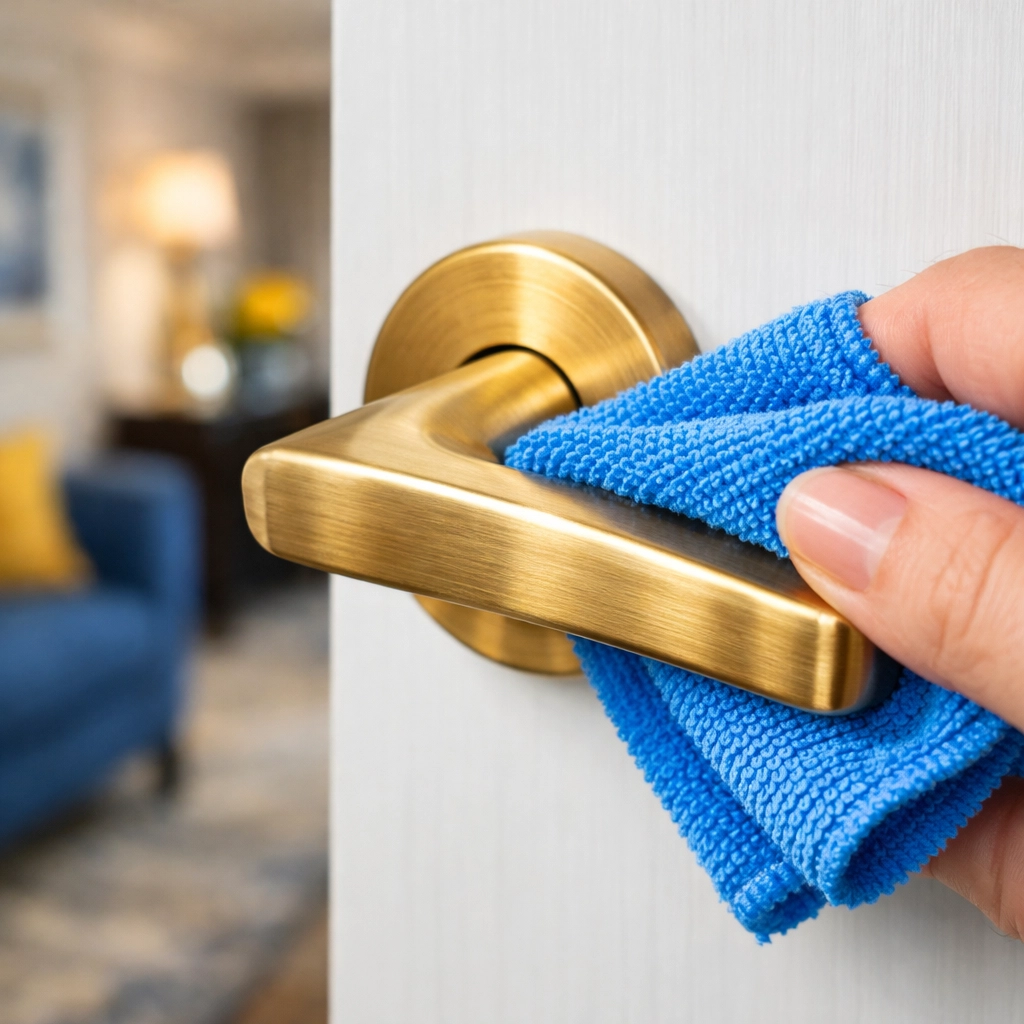 Sanitizing high-touch surfaces like door handles during a thorough house cleaning Ashby MA.