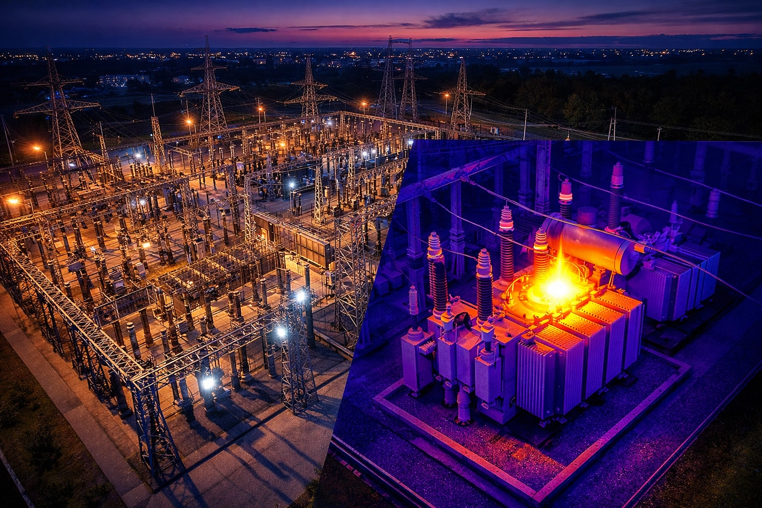 Thermal drone inspection of an electrical substation transformer revealing a critical heat anomaly.