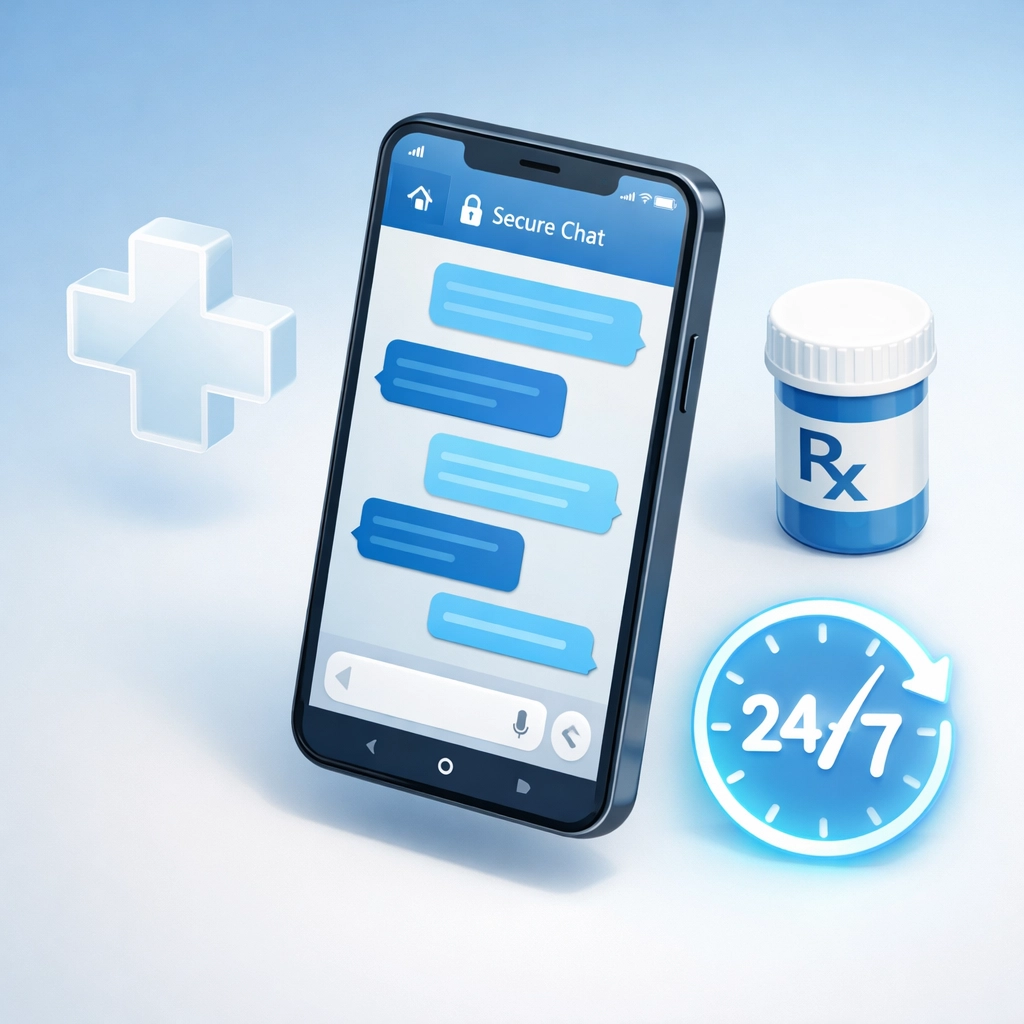 Online medical chat on a mobile phone for 24/7 doctor consultations and prescription refills.