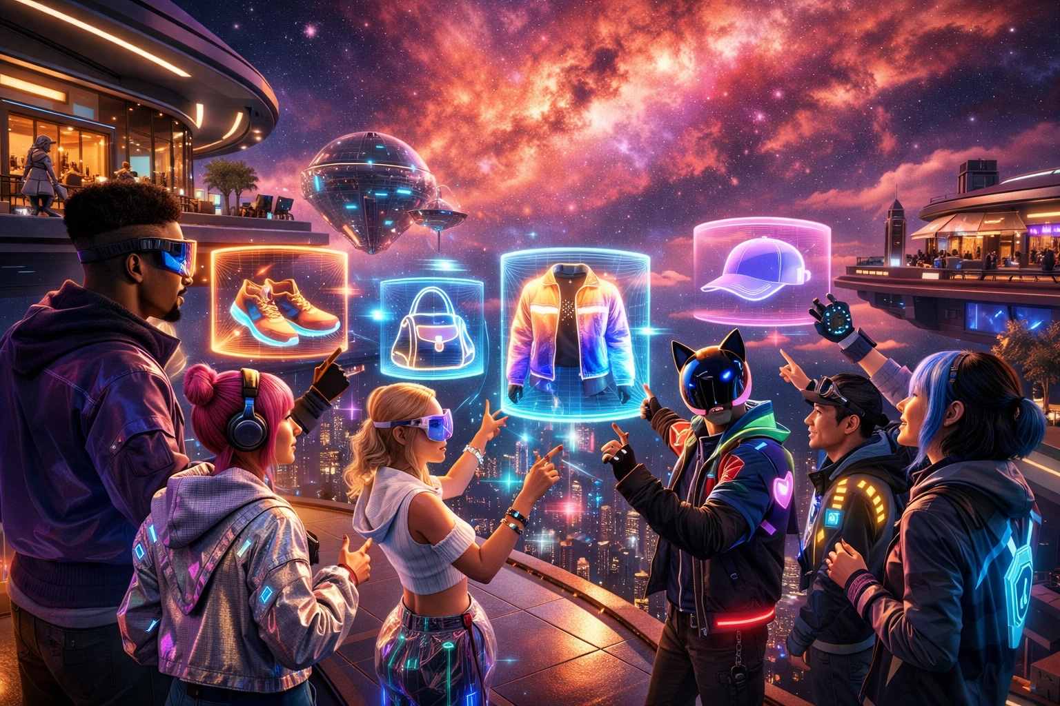 Avatars shopping in a futuristic Metaverse plaza with holographic product displays and social commerce.