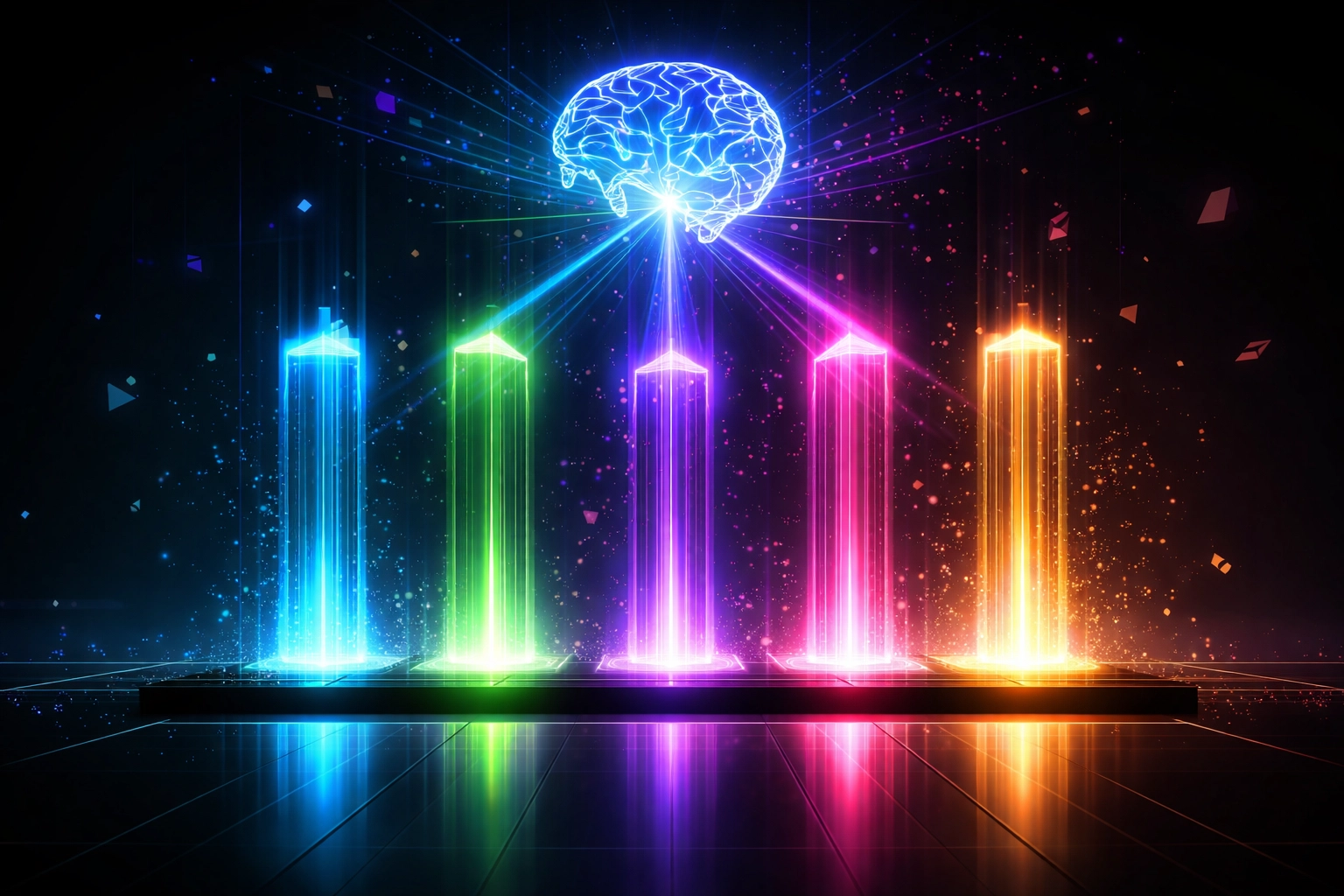 Five neon pillars symbolize key skills needed for AI readiness, visually representing the foundations of successful workforce automation.