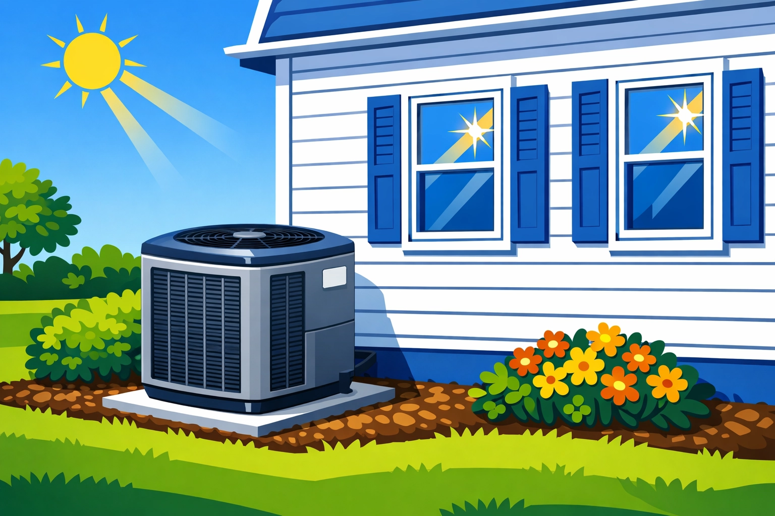 A well-maintained outdoor AC unit with proper clearance next to a suburban home to lower cooling costs.