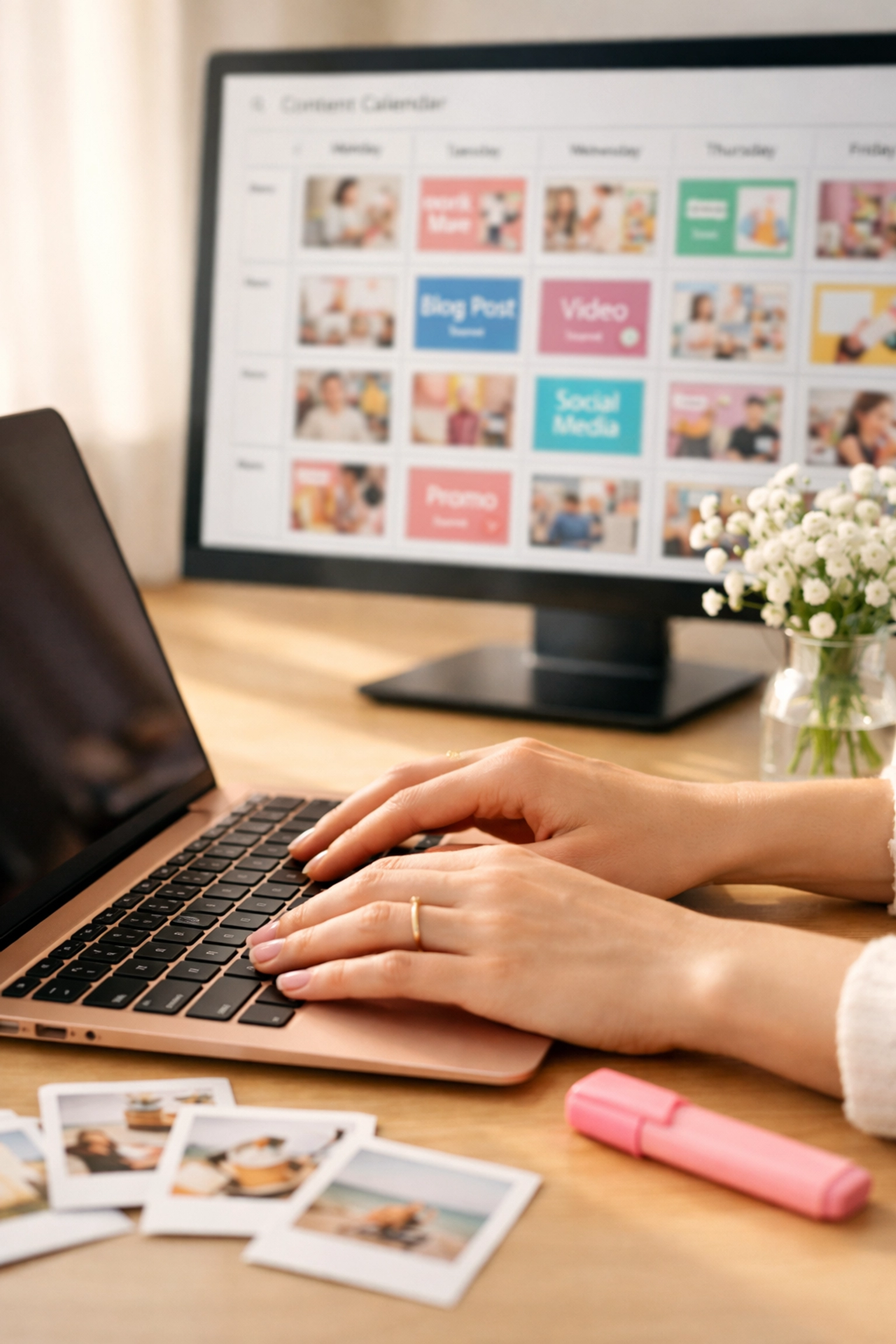 Social media manager creating content calendar on laptop for client scheduling