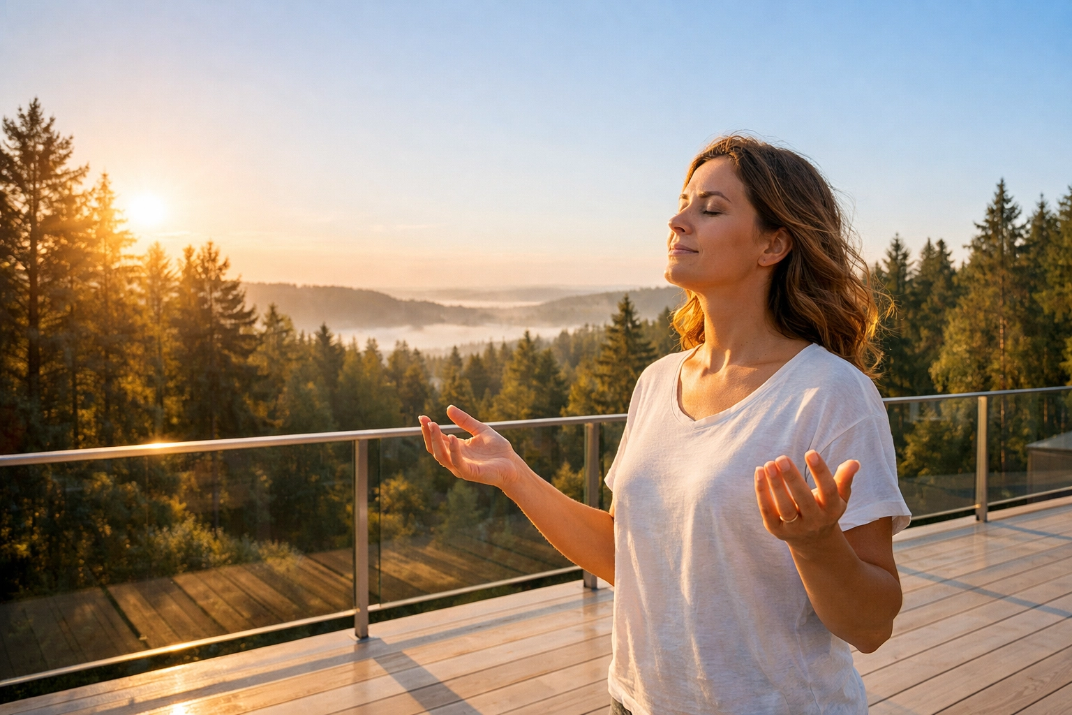 A woman in personal worship at sunrise, seeking the power of the Holy Spirit for her Christian calling.