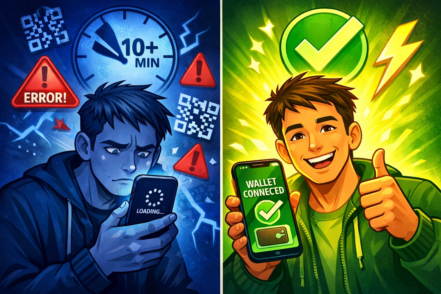 Comparison of slow crypto checkout experience versus instant self-custody payment settlement