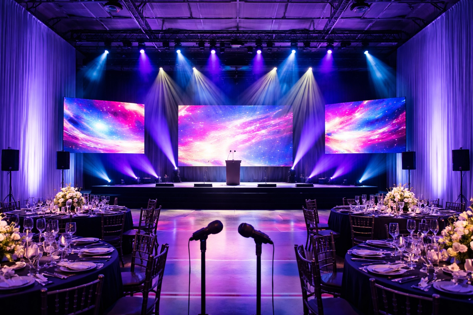 School gymnasium set up for a gala with advanced A/V equipment, stage lighting, and LED video screens, creating an upscale event atmosphere.