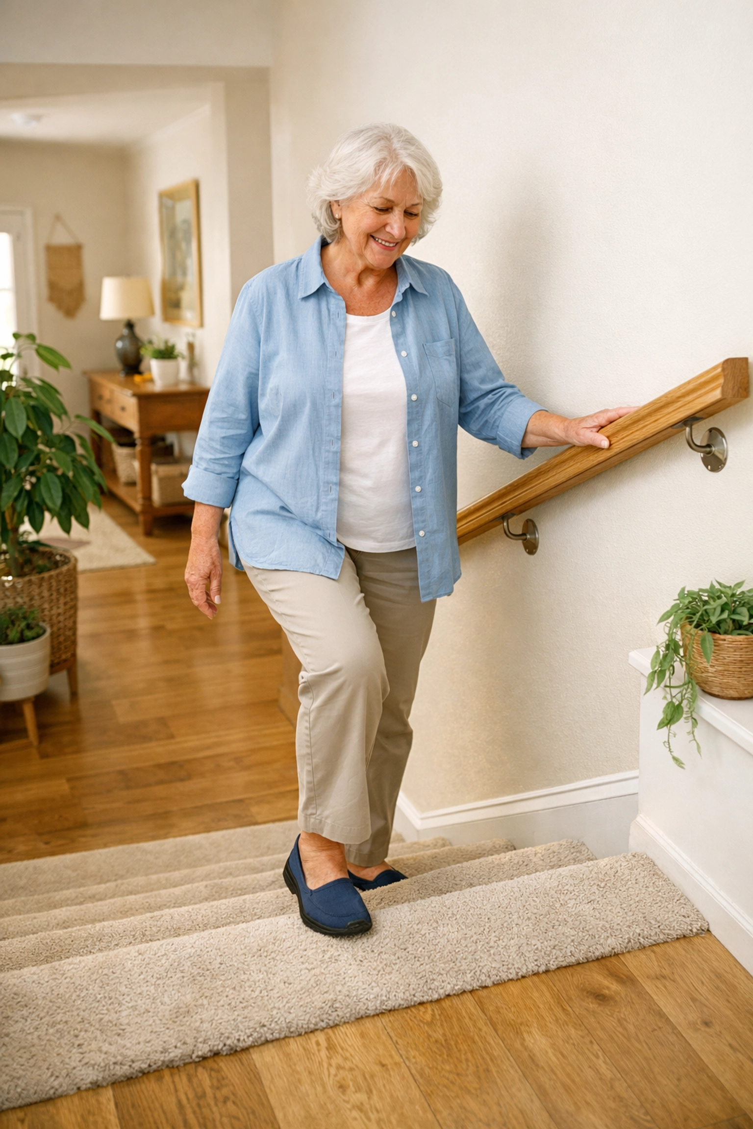 Senior woman safely descending stairs using a sturdy handrail and wearing supportive shoes for balance.