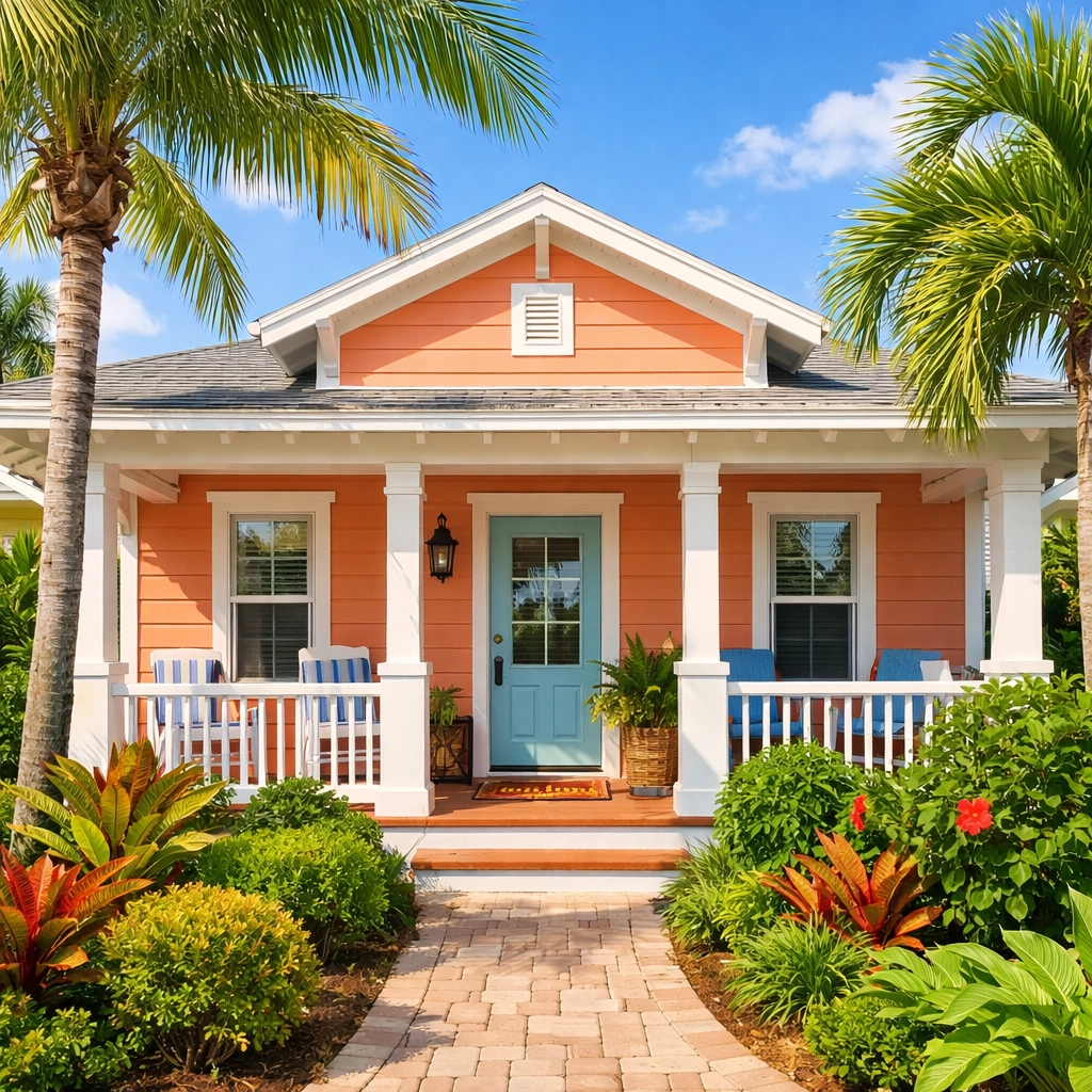 Charming tropical Florida home in Port St. Lucie with lush landscaping and welcoming porch