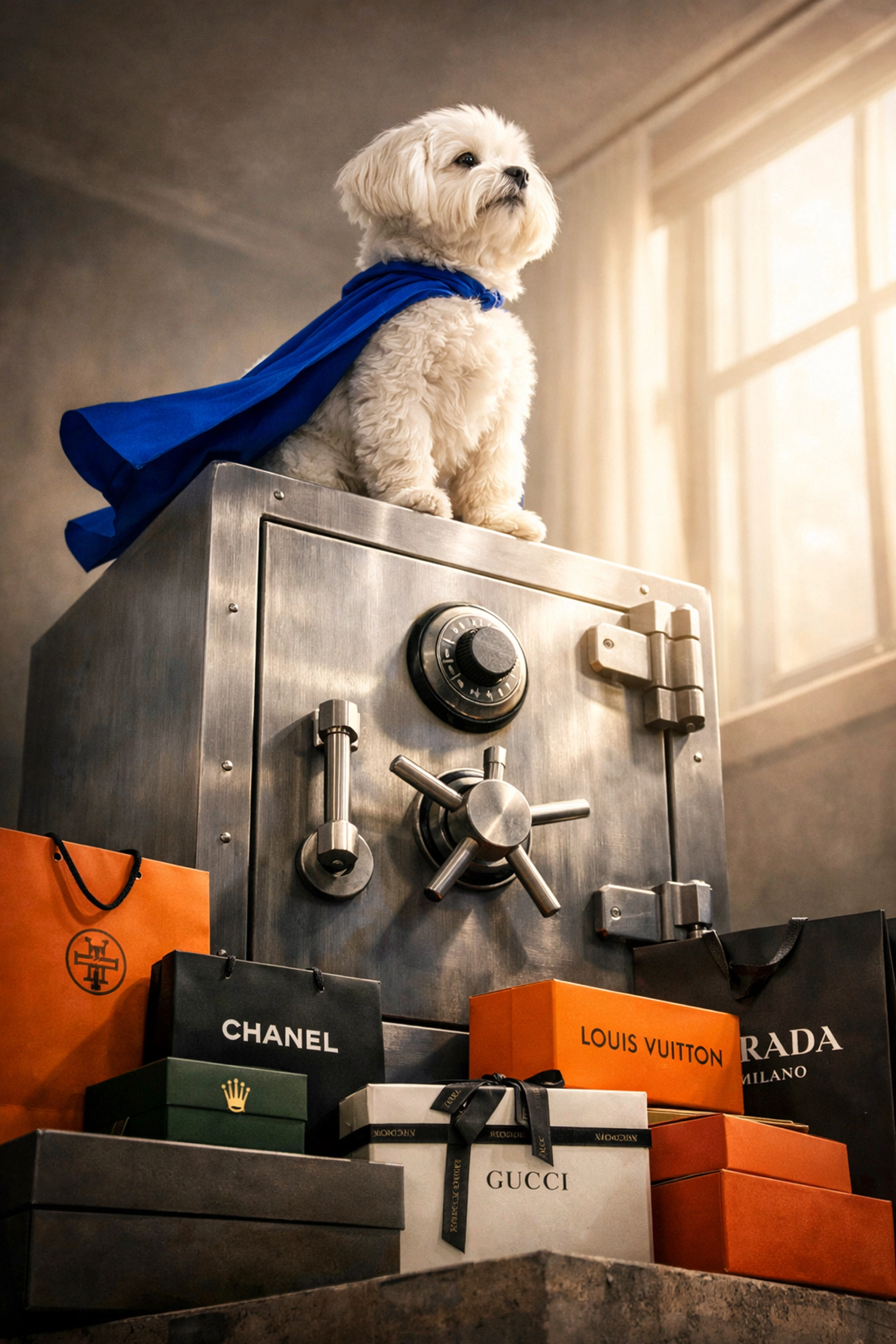 Guardian dog sitting on a security safe protecting authenticated luxury items for pawn shop owners.