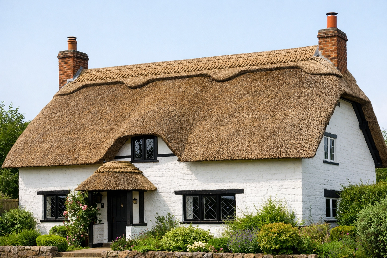 Traditional English cottage with a thatched roof illustrating non-standard home insurance needs.
