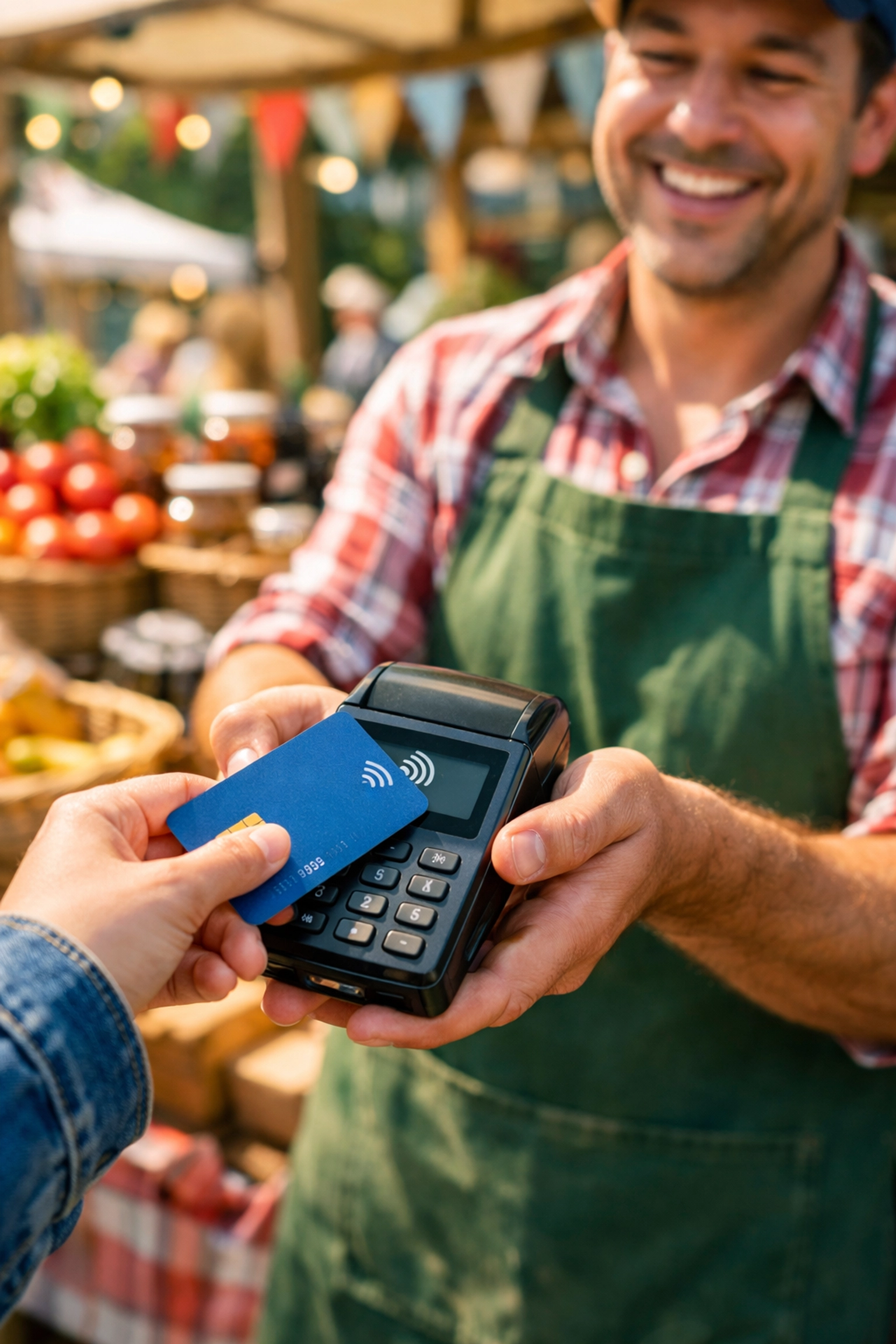 Market vendor using mobile card reader to accept contactless payment at outdoor stall