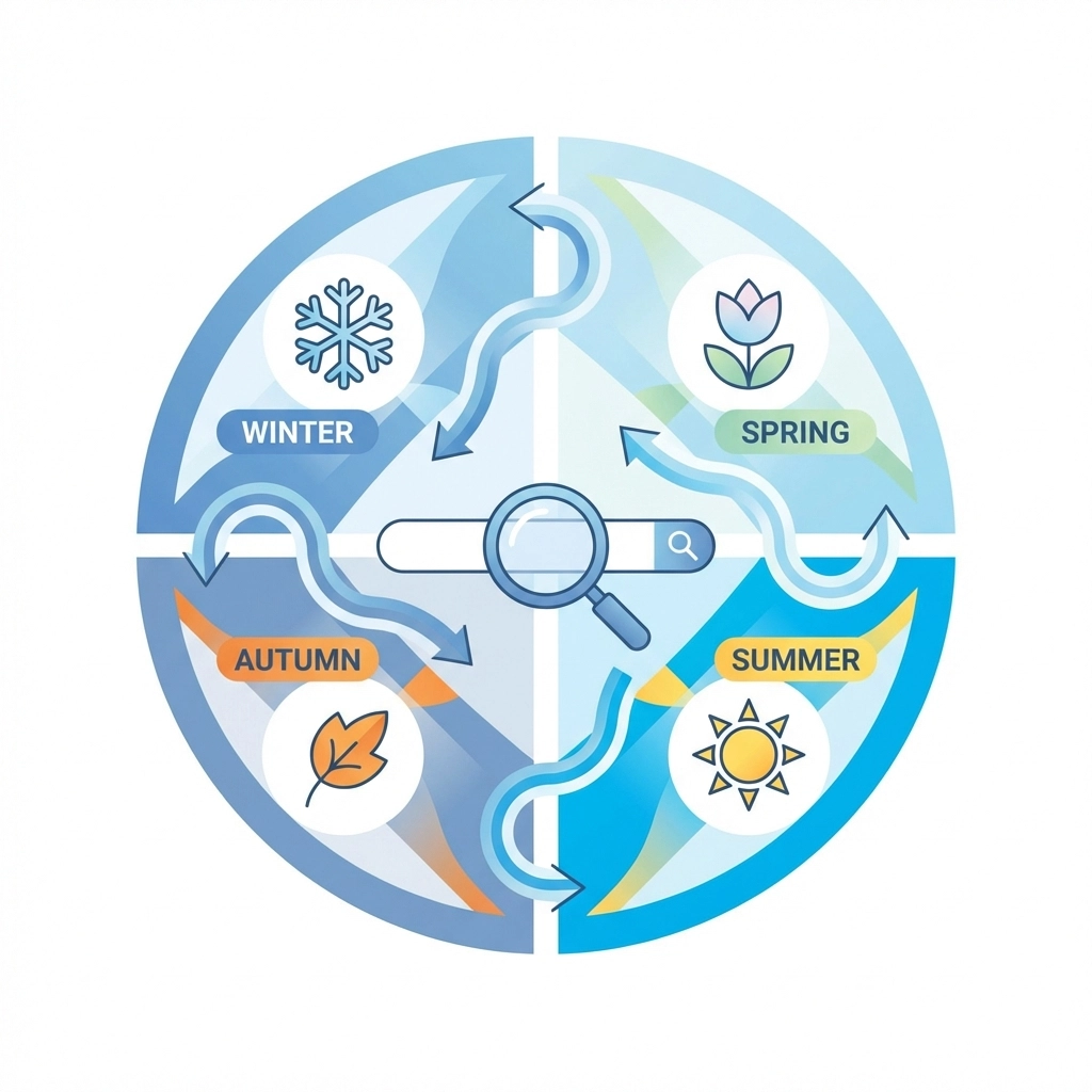 Vector illustration of a calendar with seasonal icons linking to a search bar, representing seasonal SEO trends