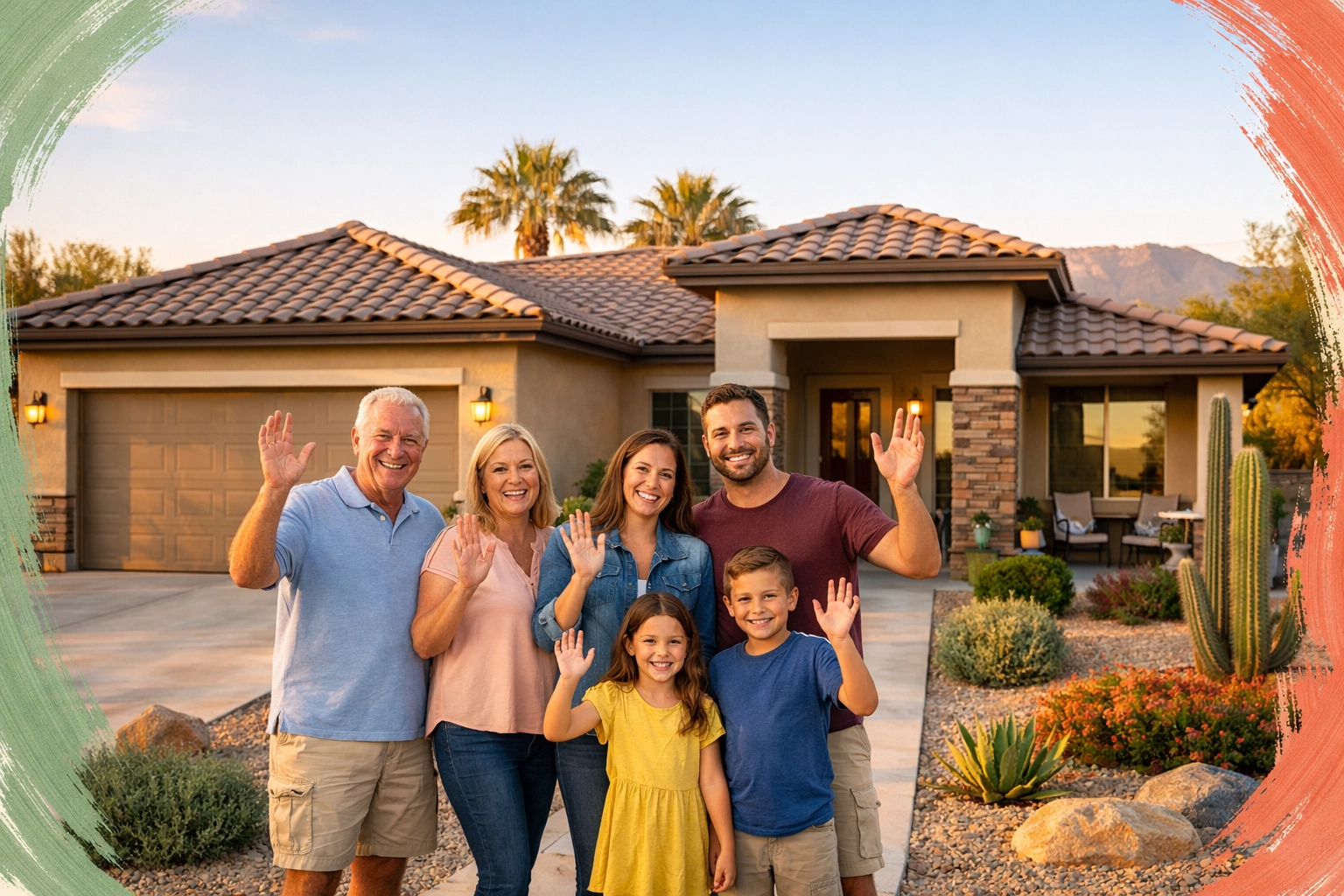 Family standing in front of modern home in Surprise Arizona neighborhood