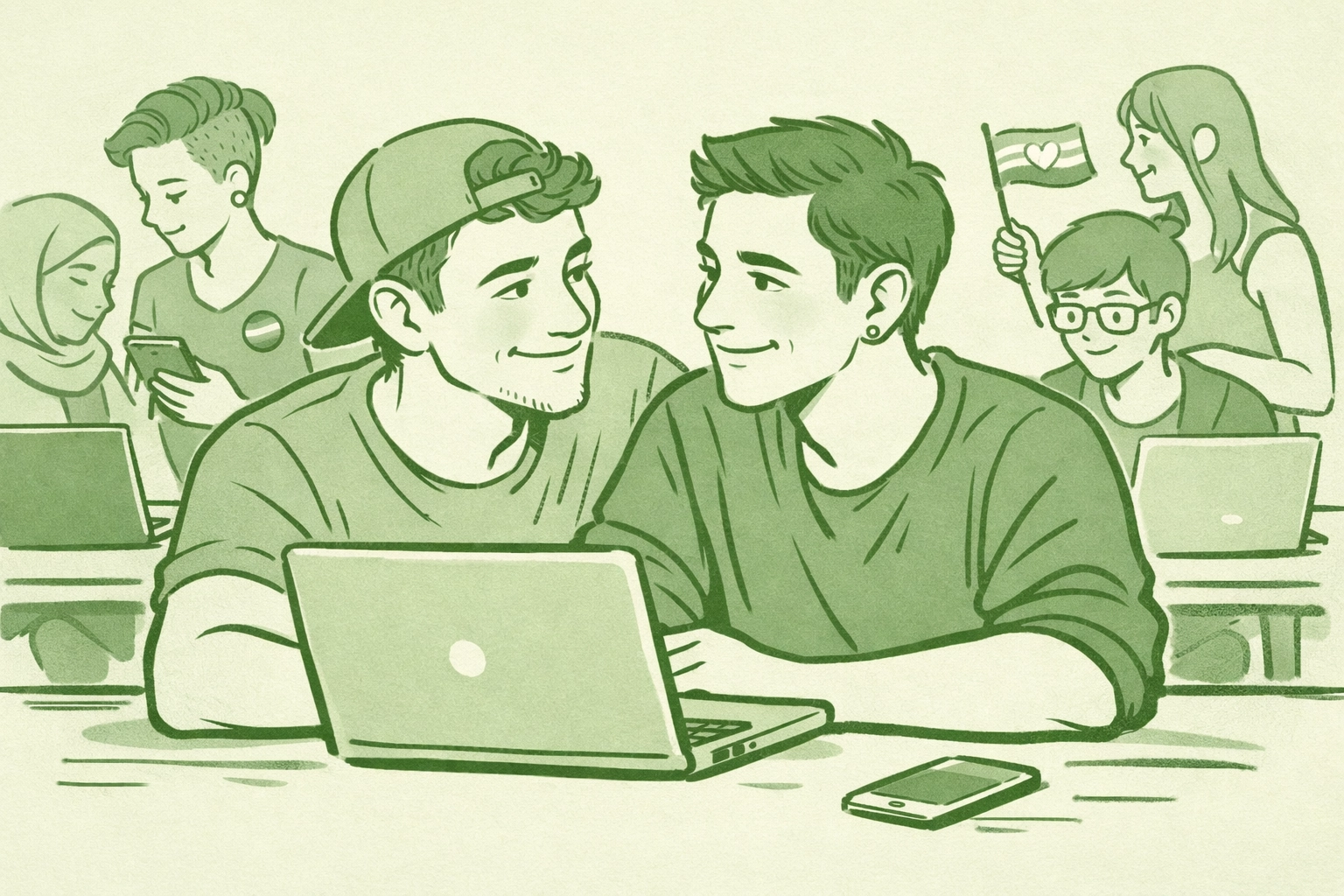 LGBTQ+ activists collaborating on digital projects with gay couple in focus