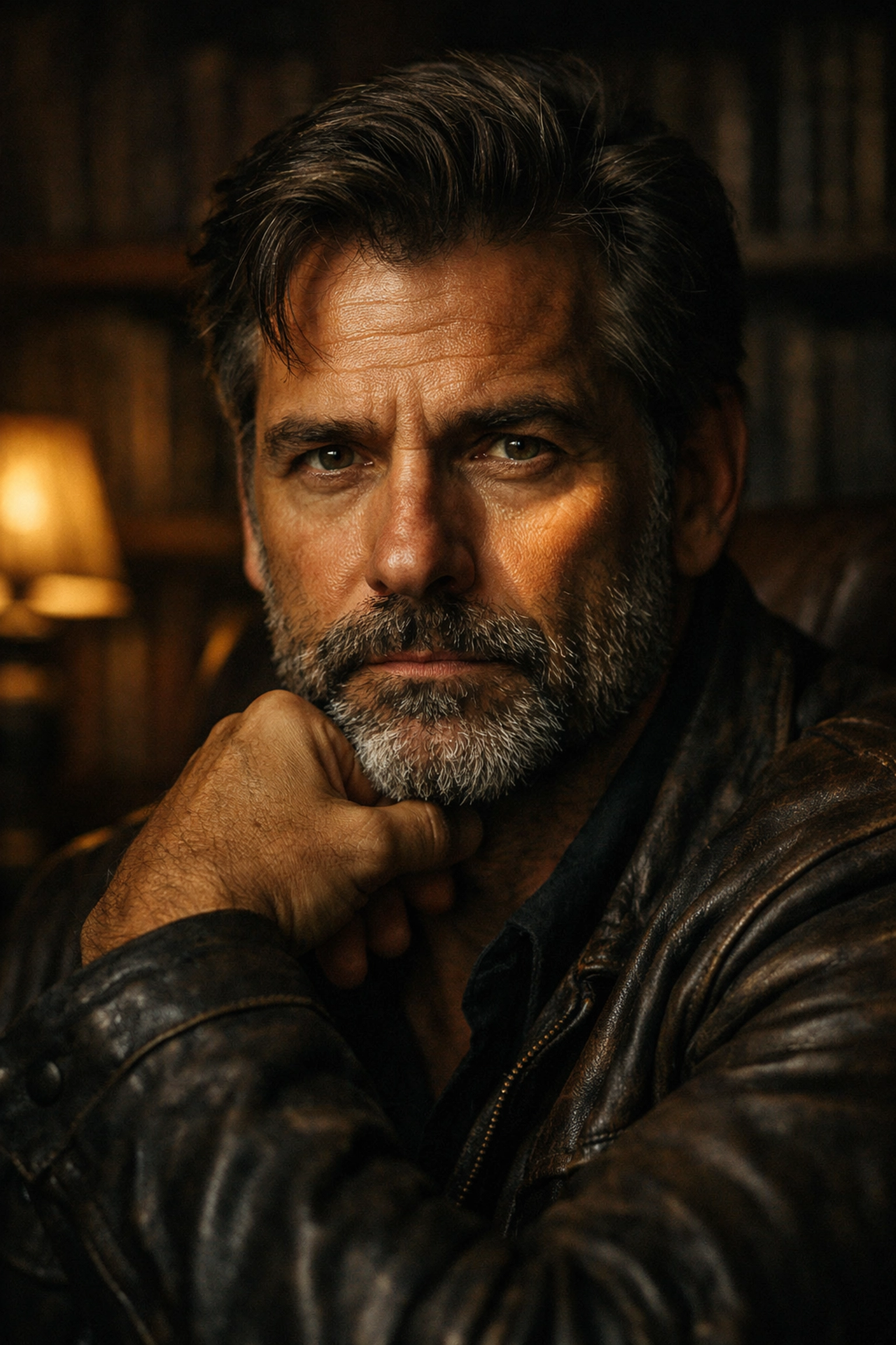 A dramatic portrait of a man featuring moody Rembrandt lighting and professional photo editing styles.