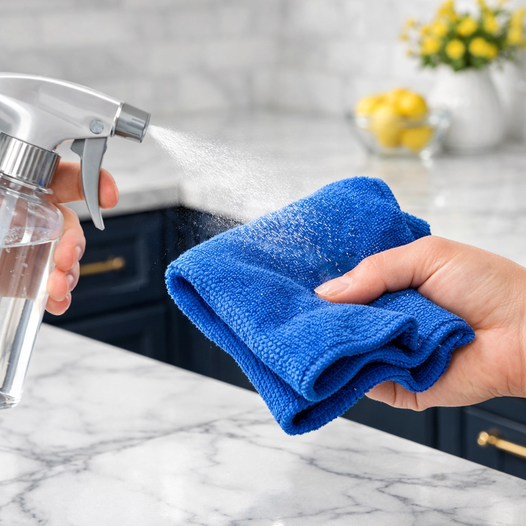 Professional house cleaning Worcester MA technique spraying cleaner onto a blue microfiber cloth for marble.