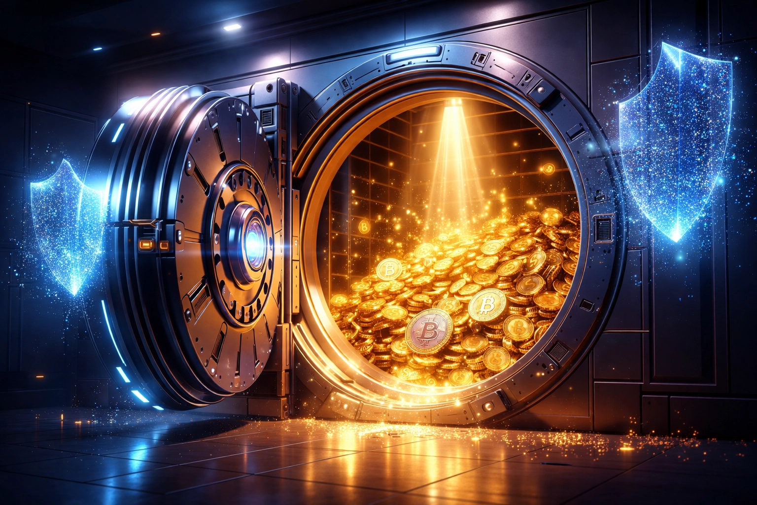 Digital vault opening to reveal crypto coins, symbolizing LUSD self-custody and financial sovereignty for merchants