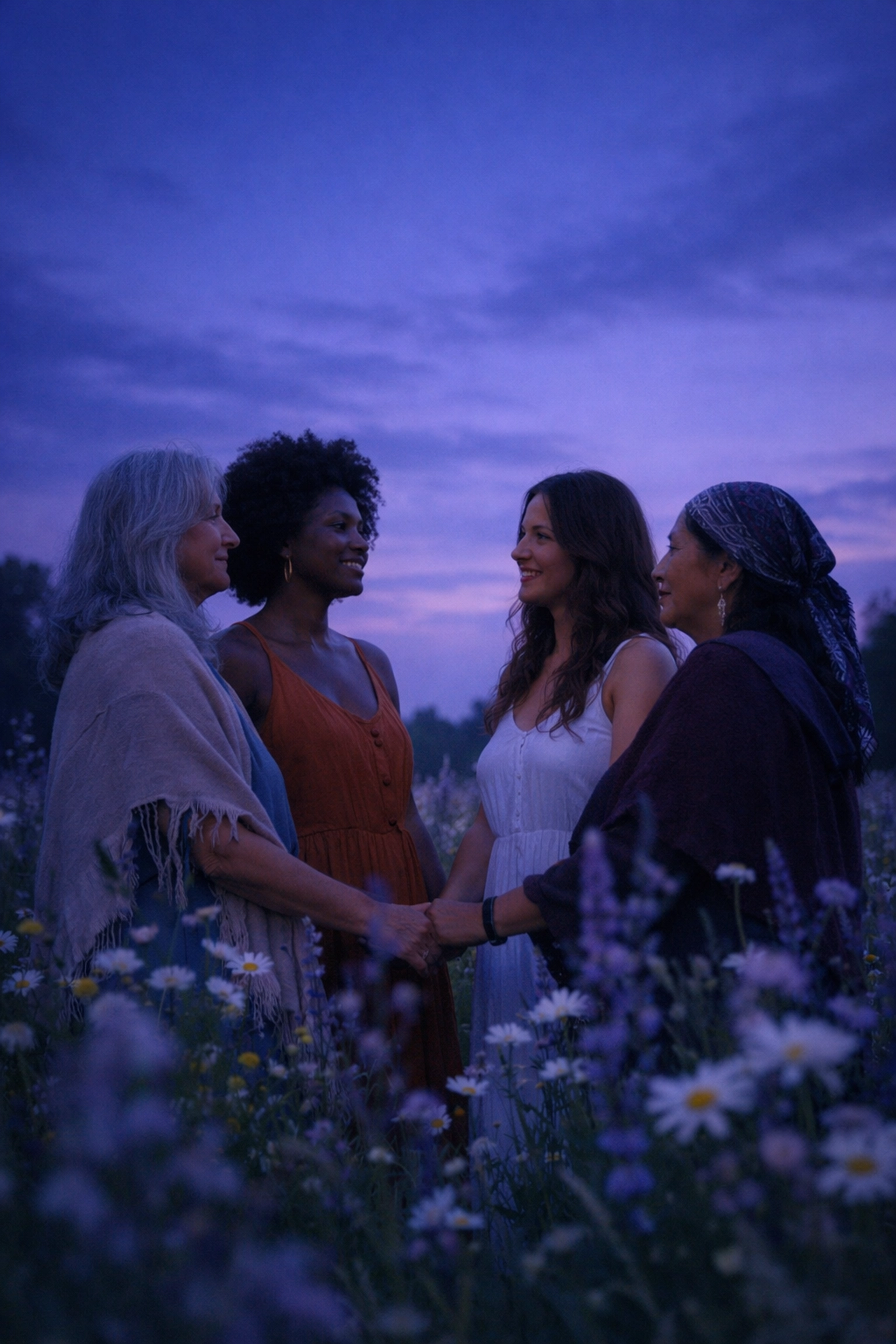 Diverse women standing in a supportive circle in a meadow, finding their village for holistic health.