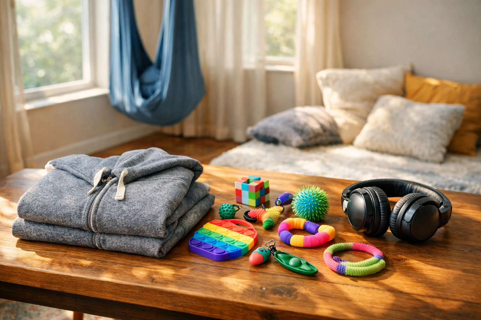 Sensory toolkit with weighted hoodie, fidget tools, and sensory processing support items